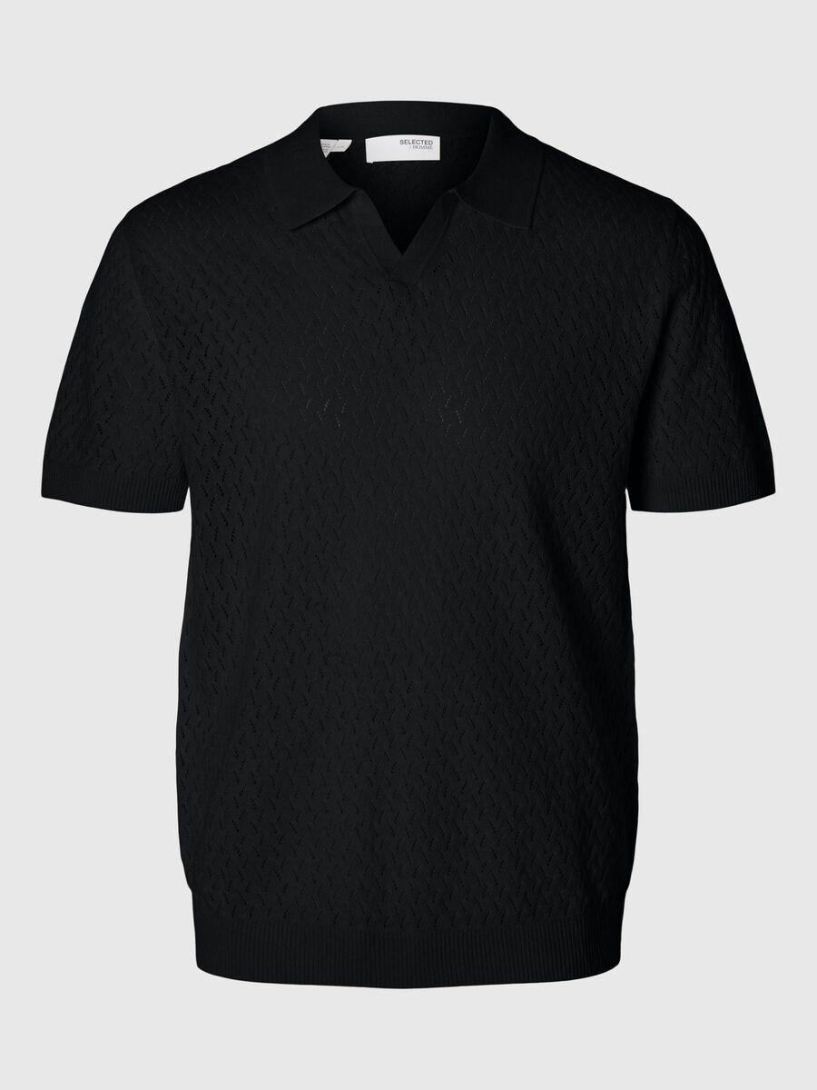 Selected CROCHET STYLE KNITTED POLO SHIRT, Black, highres - 16097572_Black_001.jpg