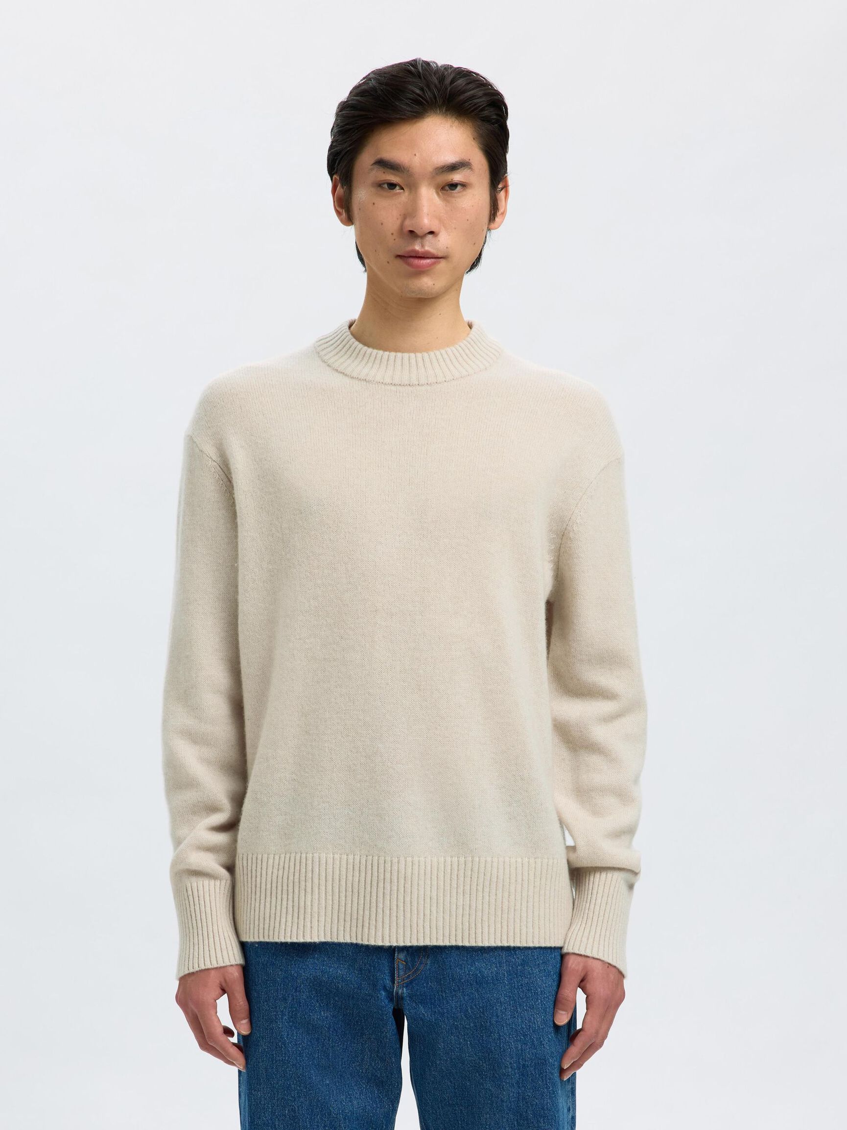 CASHMERE BLEND KNITTED PULLOVER, Oatmeal, highres