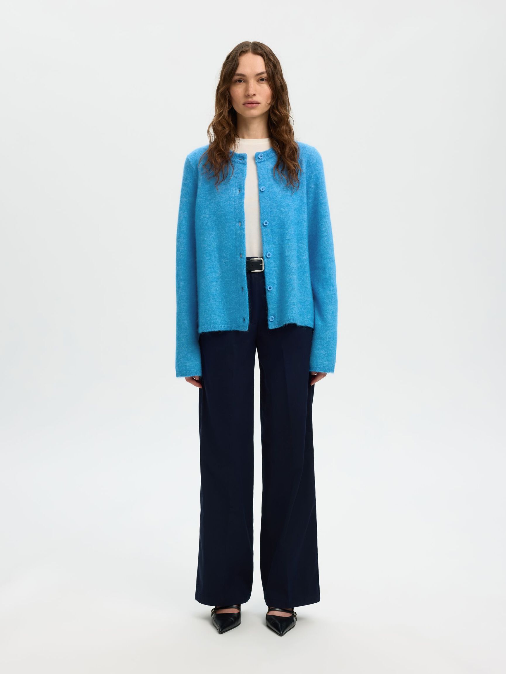 WOOL BLEND KNITTED CARDIGAN, Malibu Blue, highres