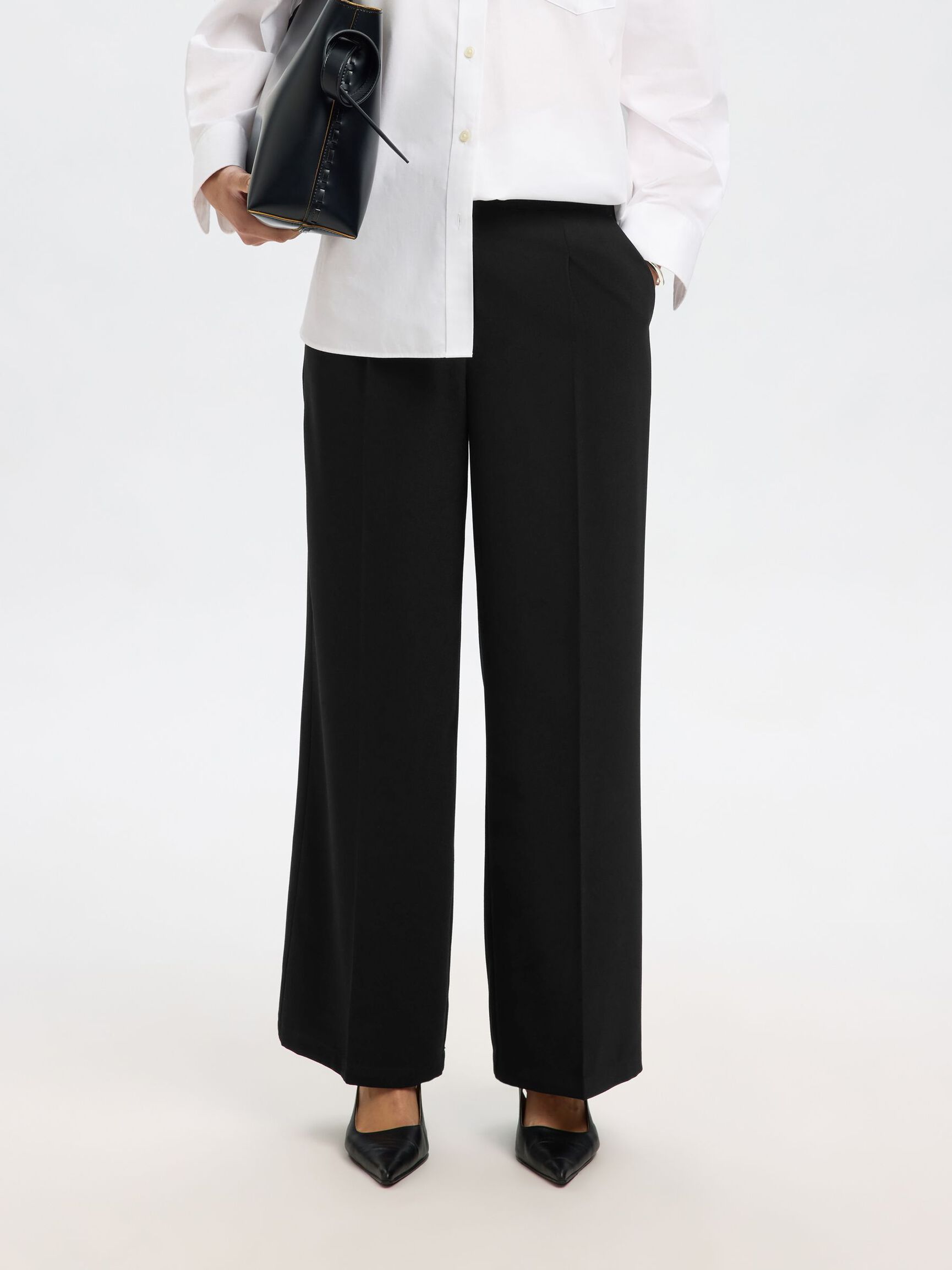 WOVEN WIDE-LEG TROUSERS, Black, highres