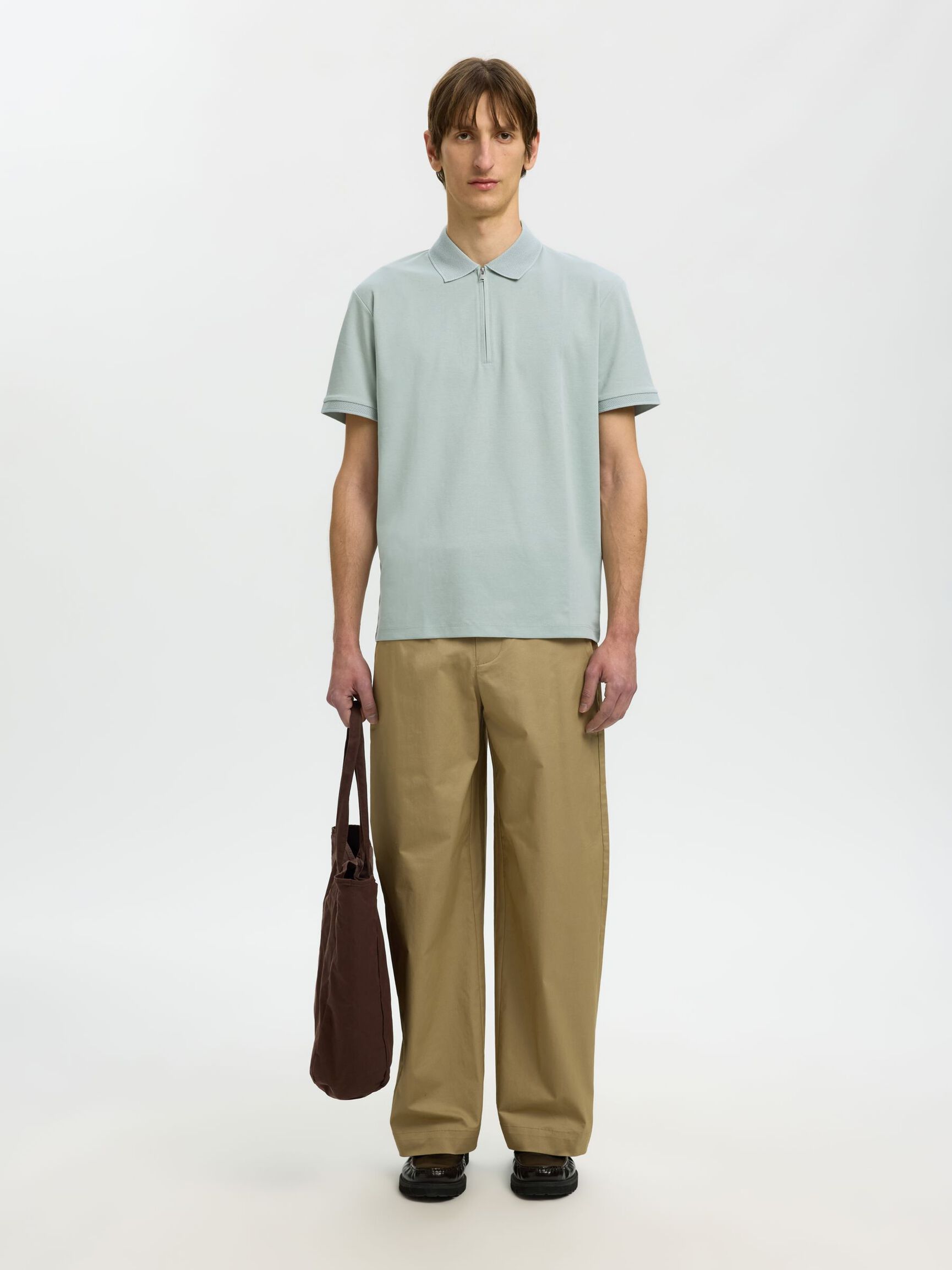 ZIPPER POLOHEMD AUS STRICK, Aqua Gray, highres