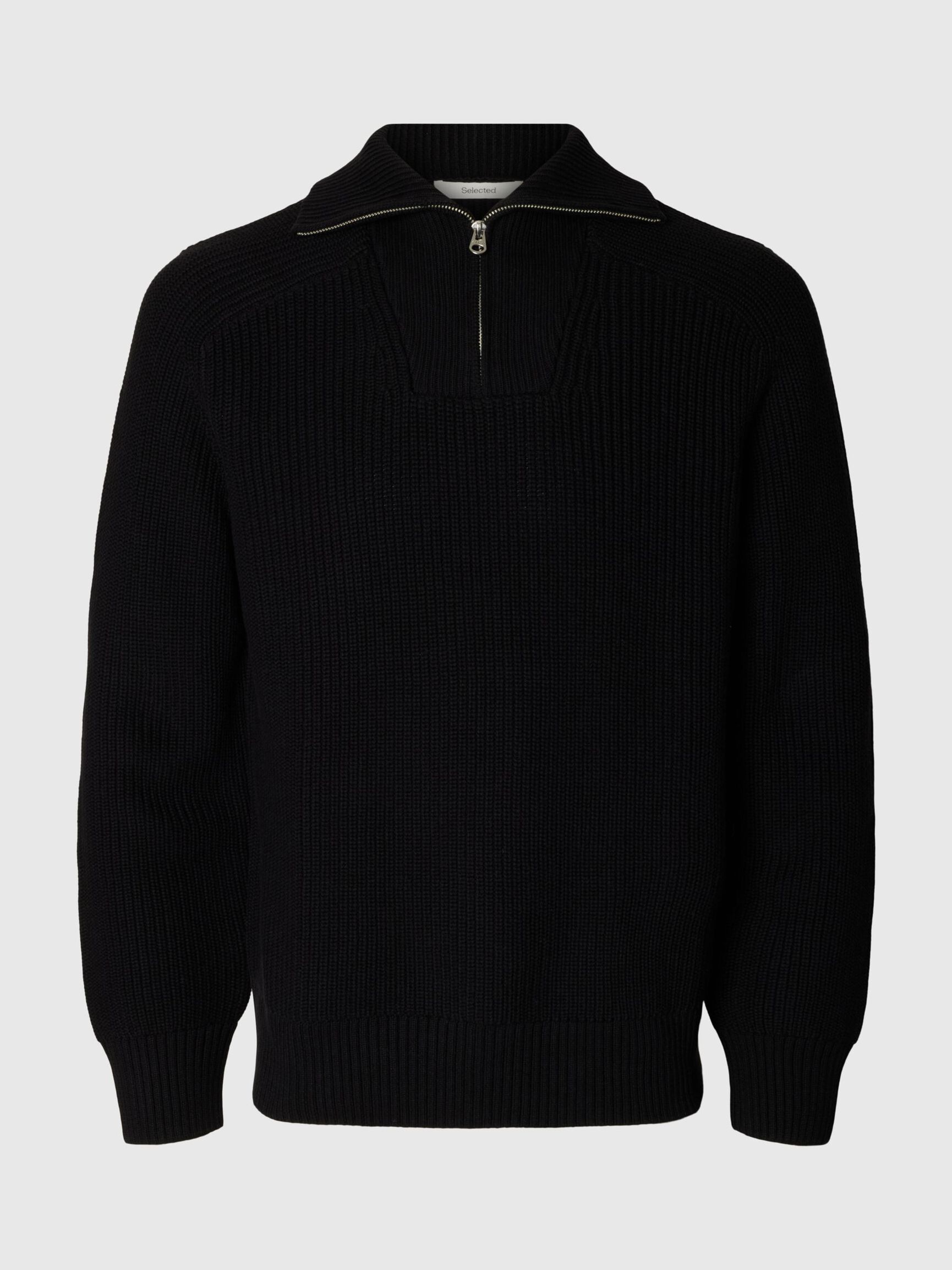 RIBBED ORGANIC COTTON HALF-ZIP JUMPER, Black, highres