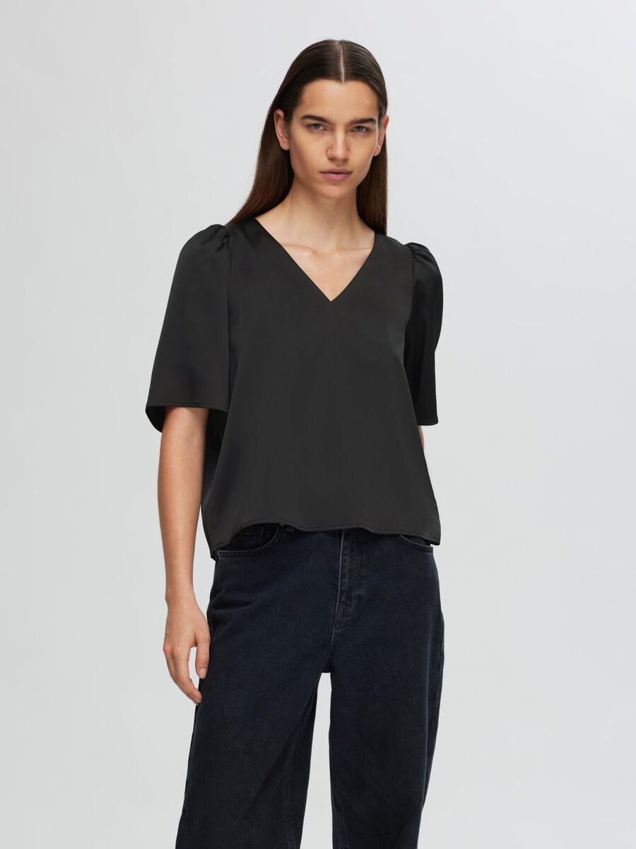 Selected SATIJN SHIRT MET 2/4 MOUWEN, Black, highres - 16095967_Black_003.jpg