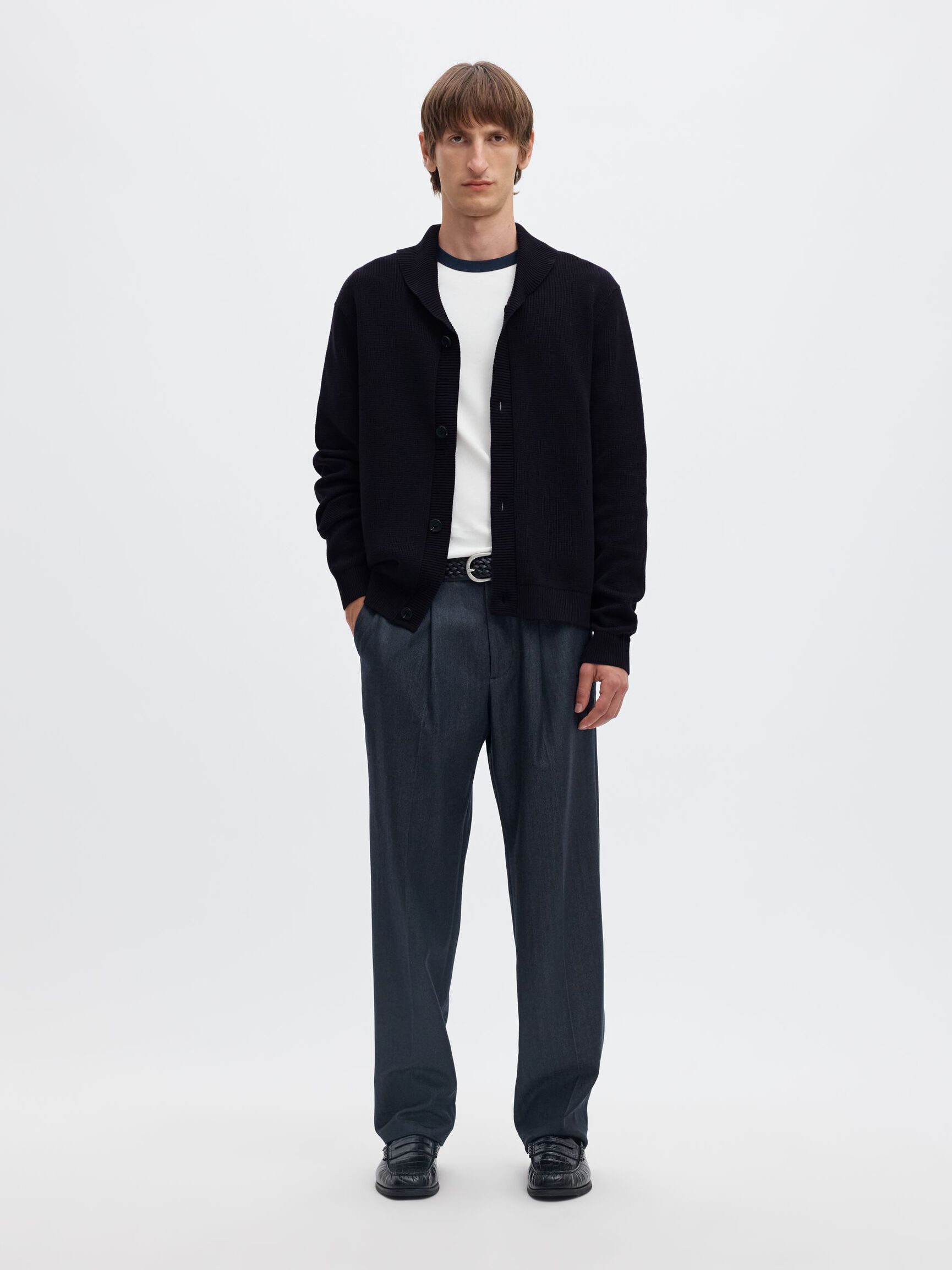 ORGANIC COTTON SHAWL COLLAR CARDIGAN, Sky Captain, highres