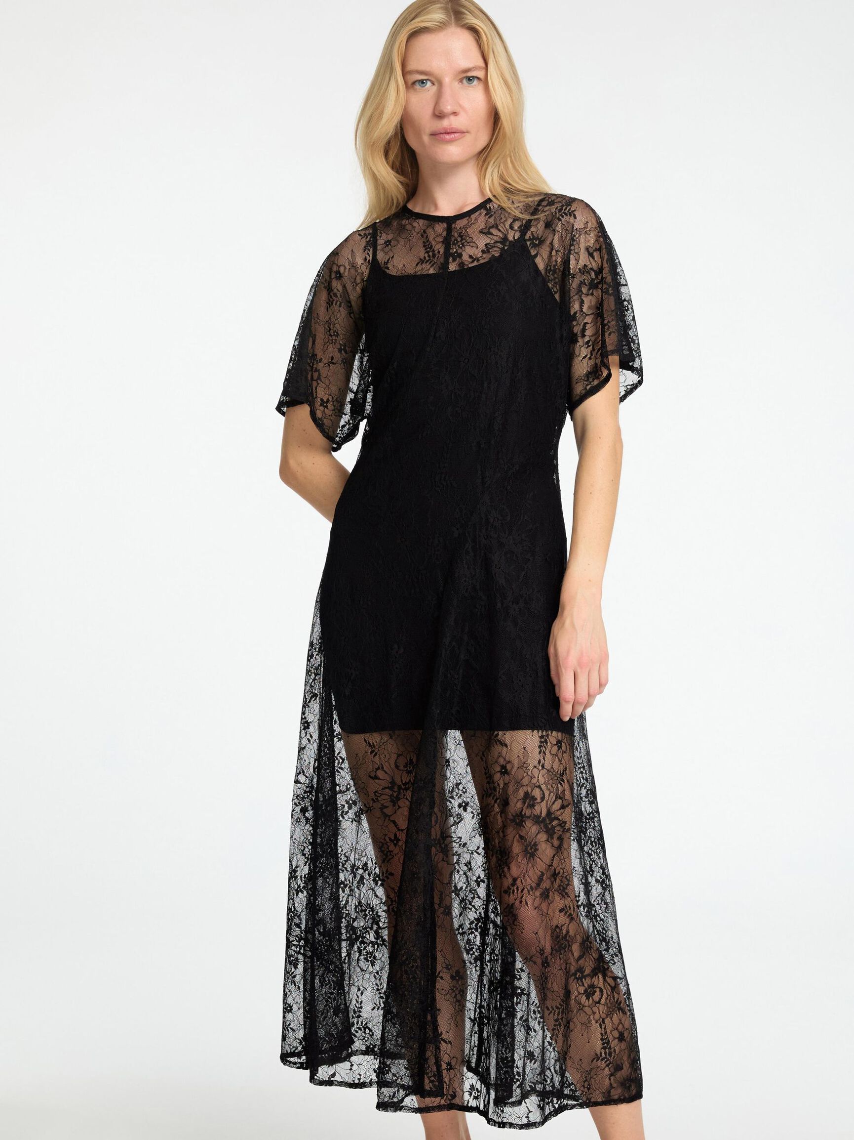 LACE MIDI DRESS, Black, highres