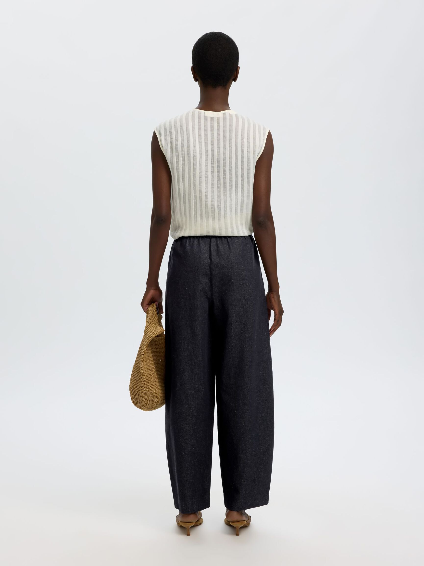 COTTON BLEND BARREL FIT TROUSERS, Dark Navy, highres