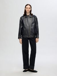 RELAXED FIT LEATHER JACKET, Black, highres