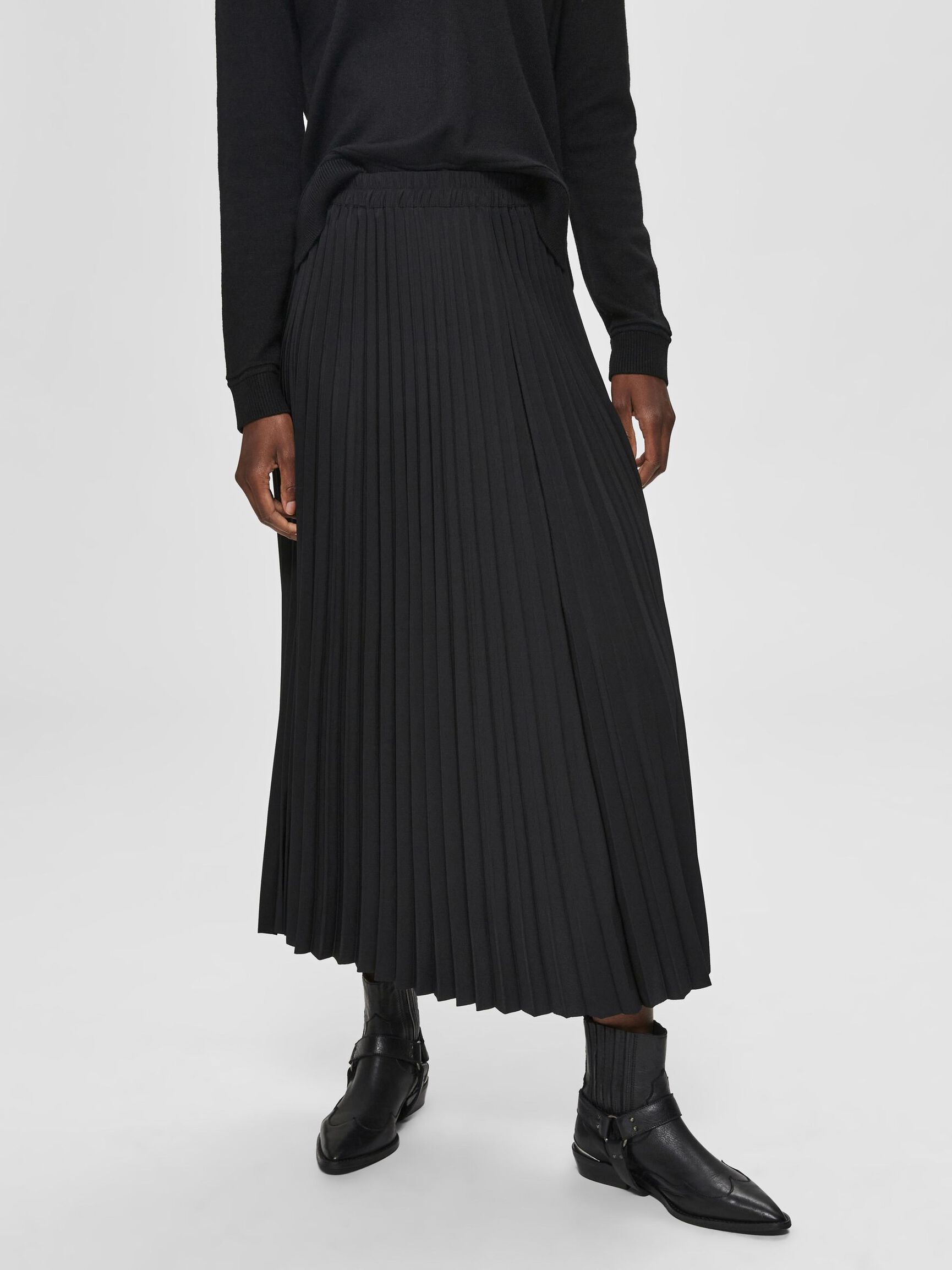 PLEATED MIDI SKIRT, Black, highres