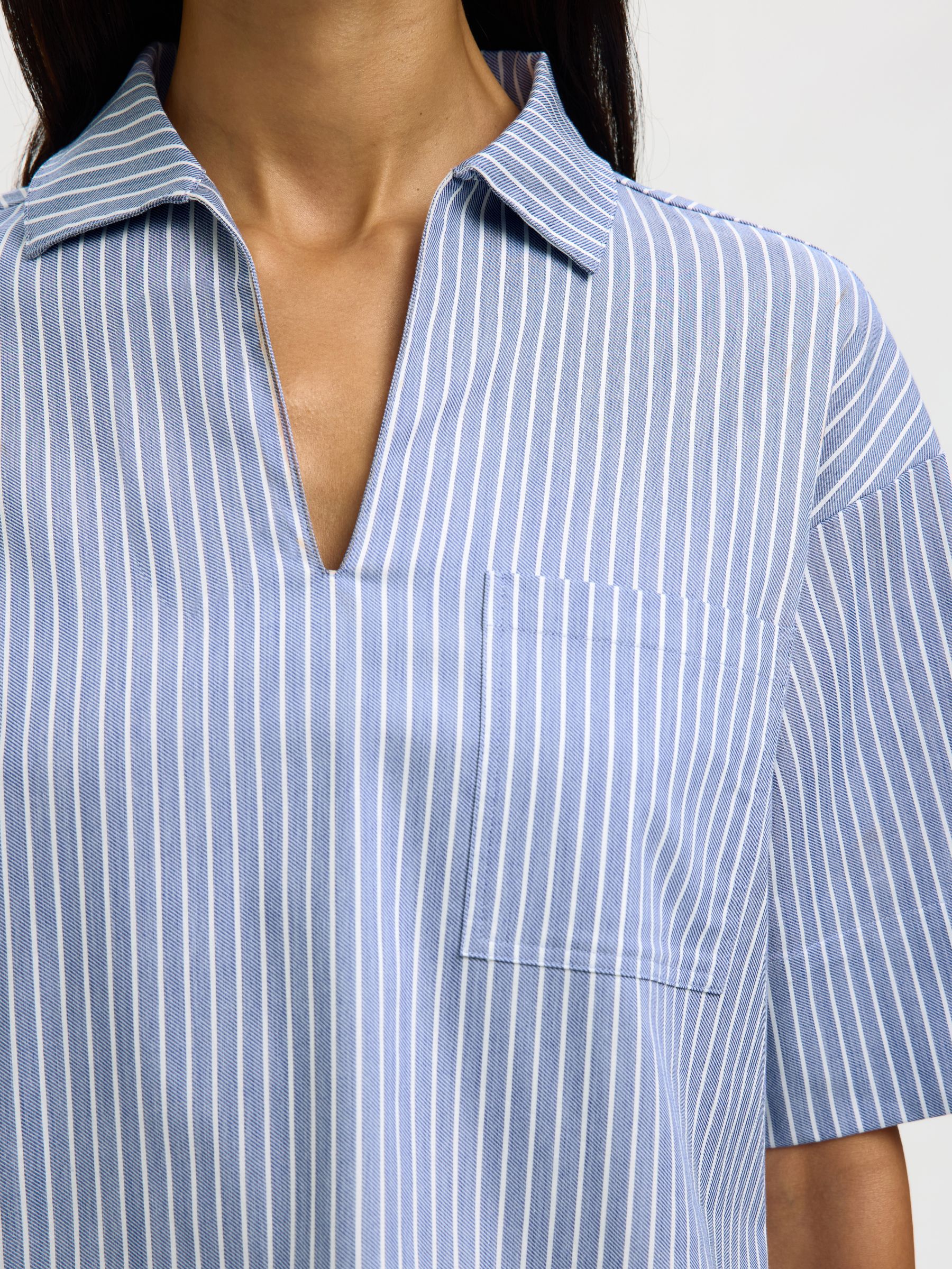 BOMULDSBLANDING BLUSE MED V-HALS, Dusty Blue, highres