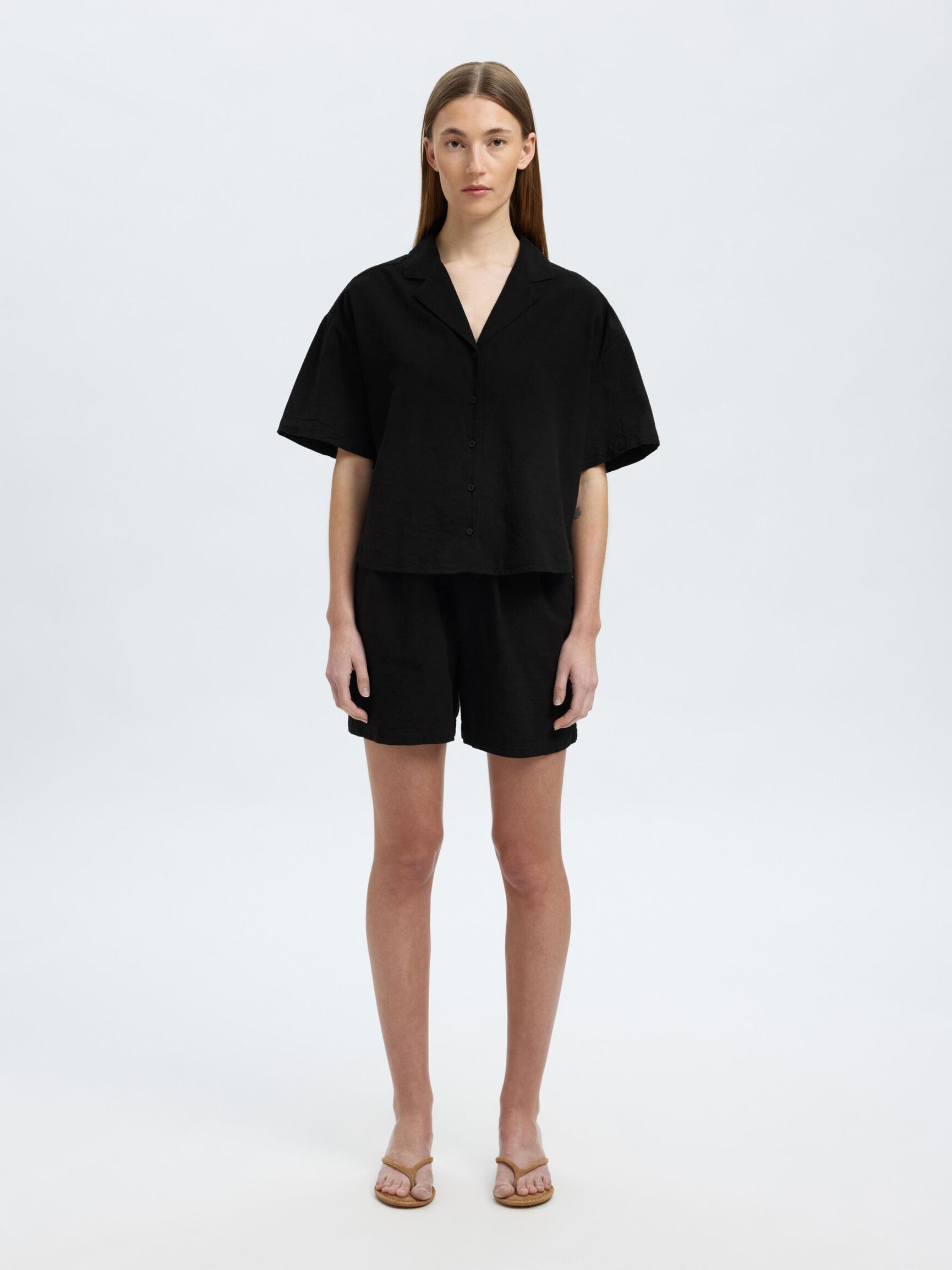 LINNENMIX OVERHEMD MET KORTE MOUWEN, Black, highres