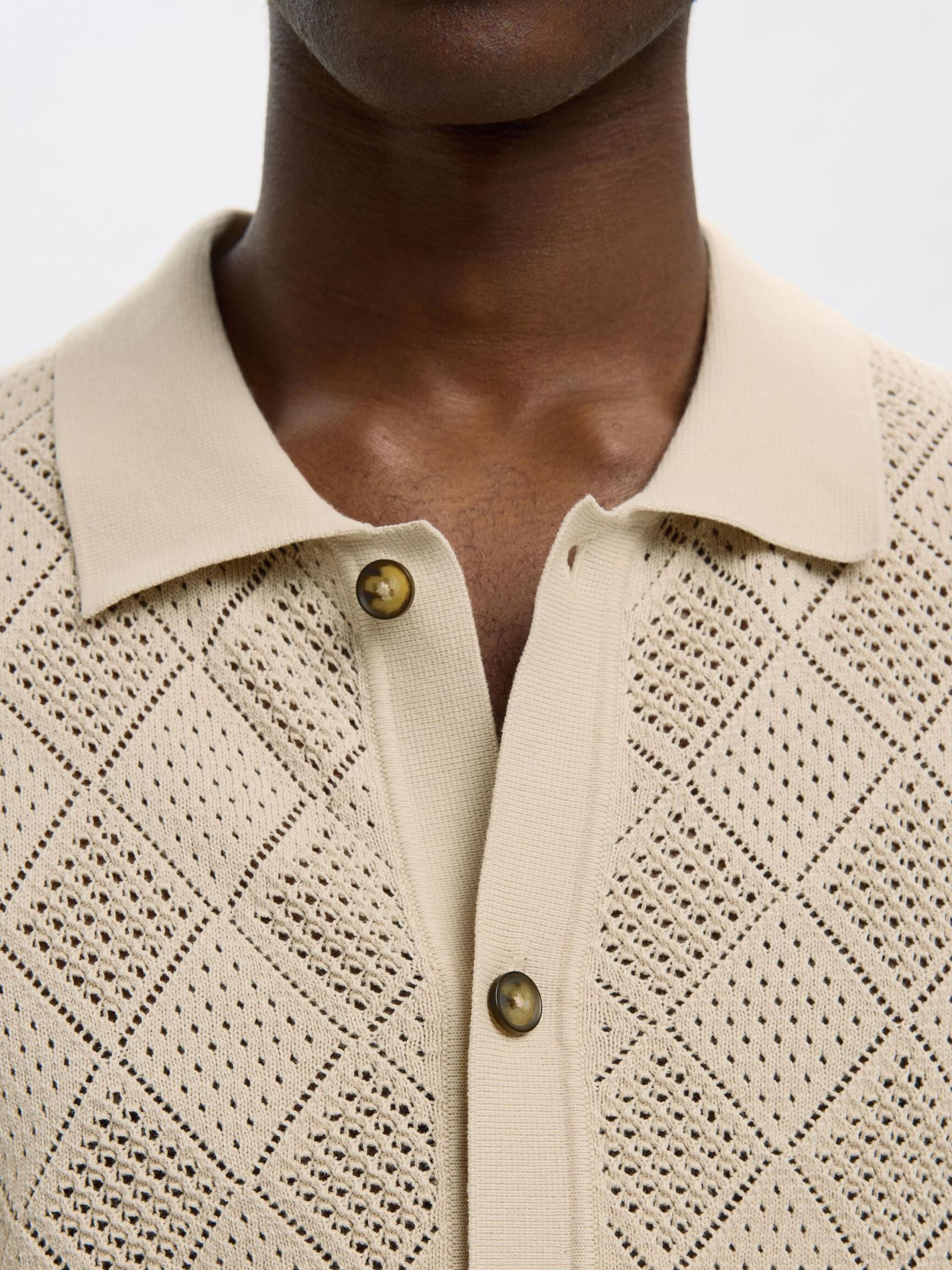 SHORT SLEEVED KNITTED POLO SHIRT, Oatmeal, highres