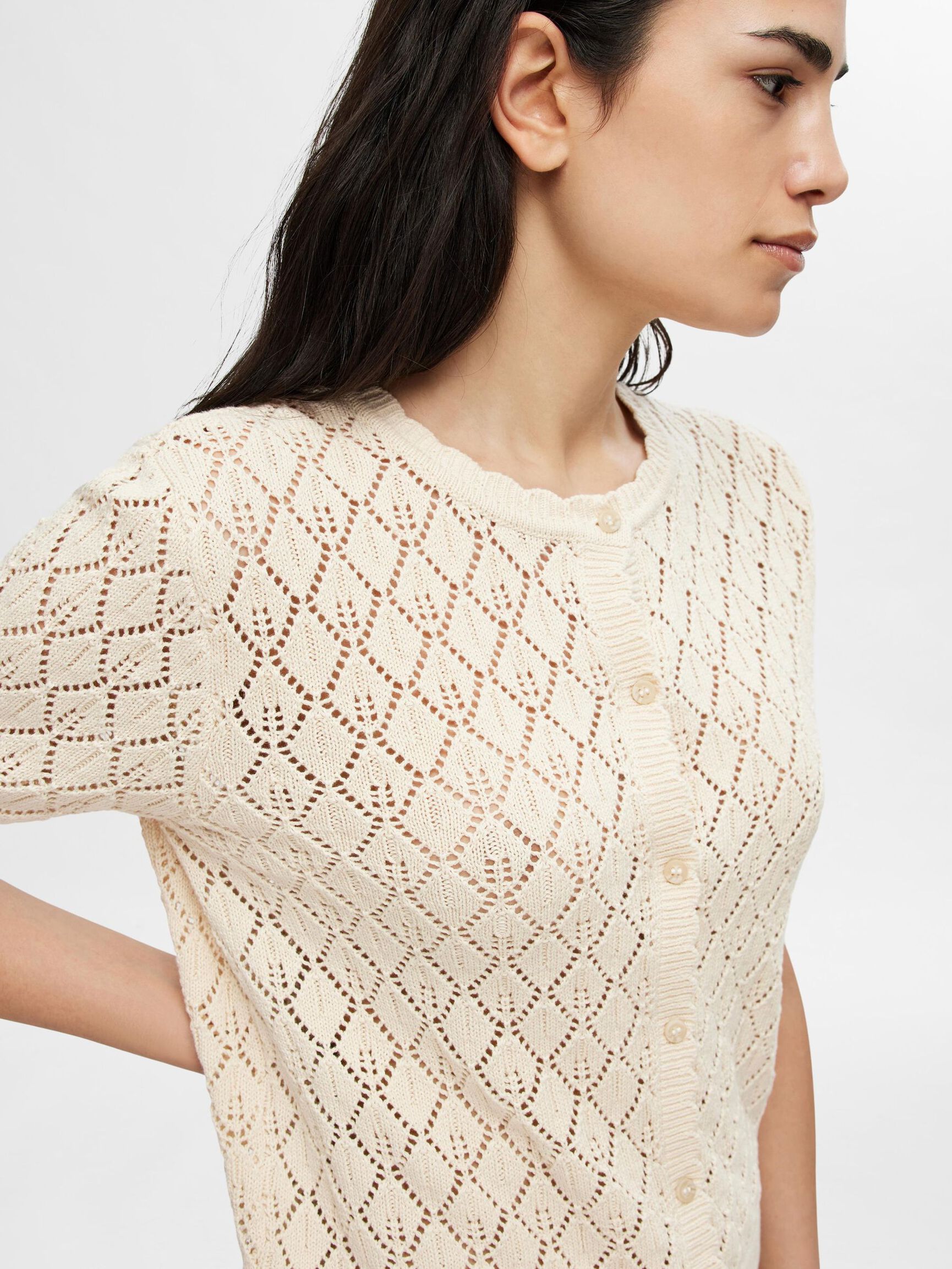 KORTERMET STRIKKET CARDIGAN, Birch, highres