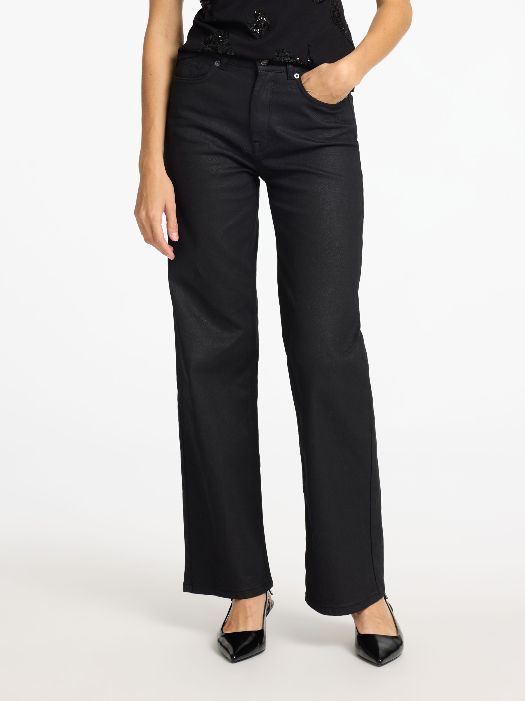 COATED WIDE FIT JEANS, Black Denim, highres
