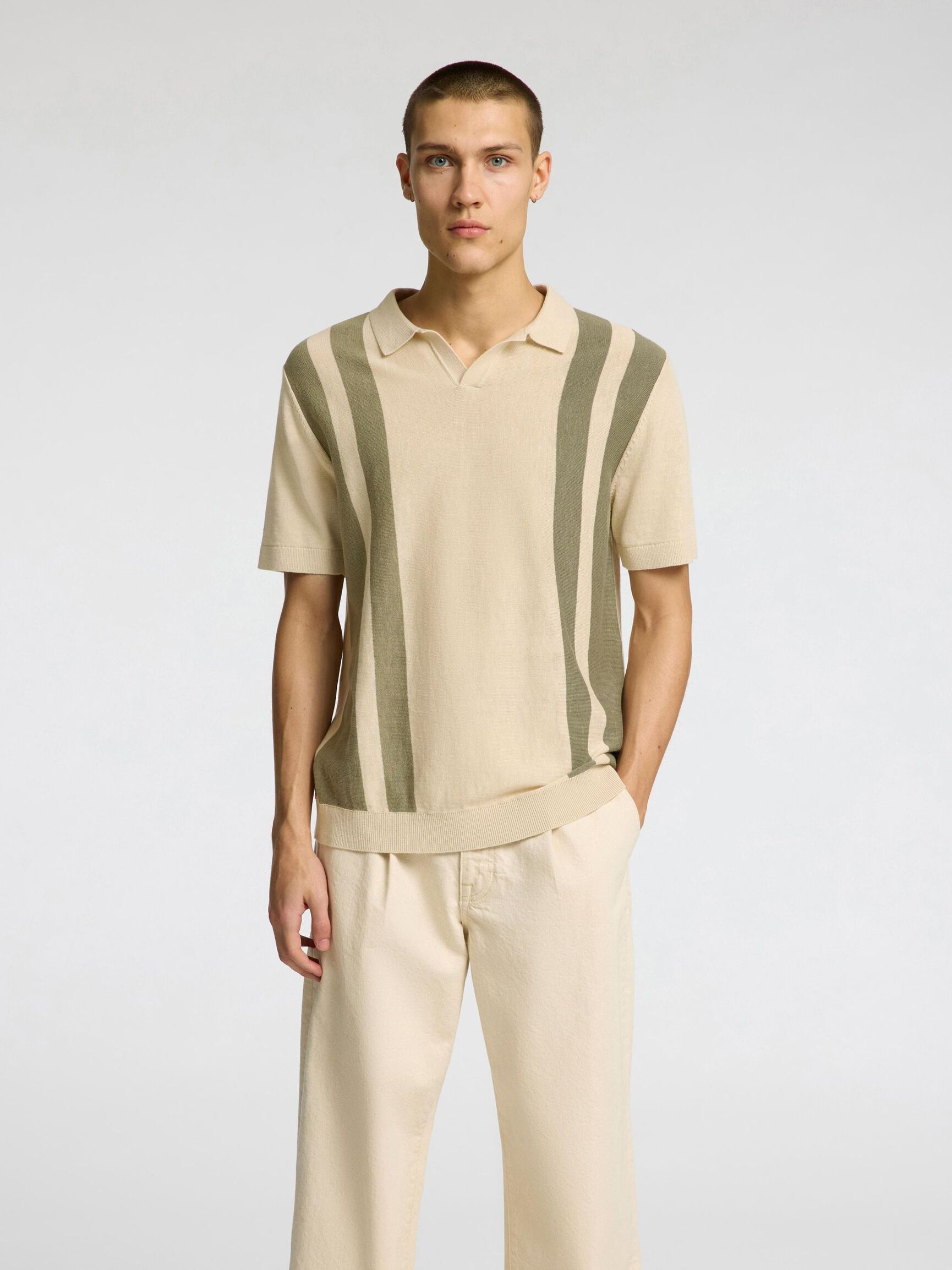 KORTE MOUWEN GEBREIDE POLO, Oatmeal, highres