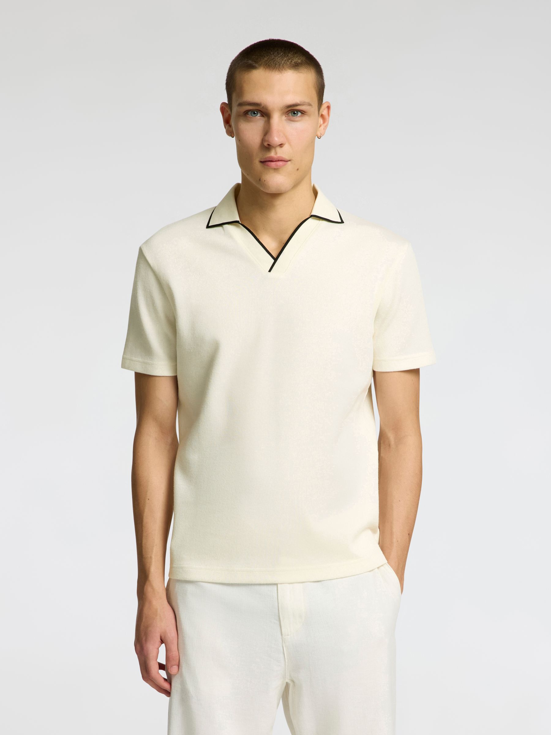 BAUMWOLLMIX V-AUSSCHNITT POLO SHIRT, Egret, highres