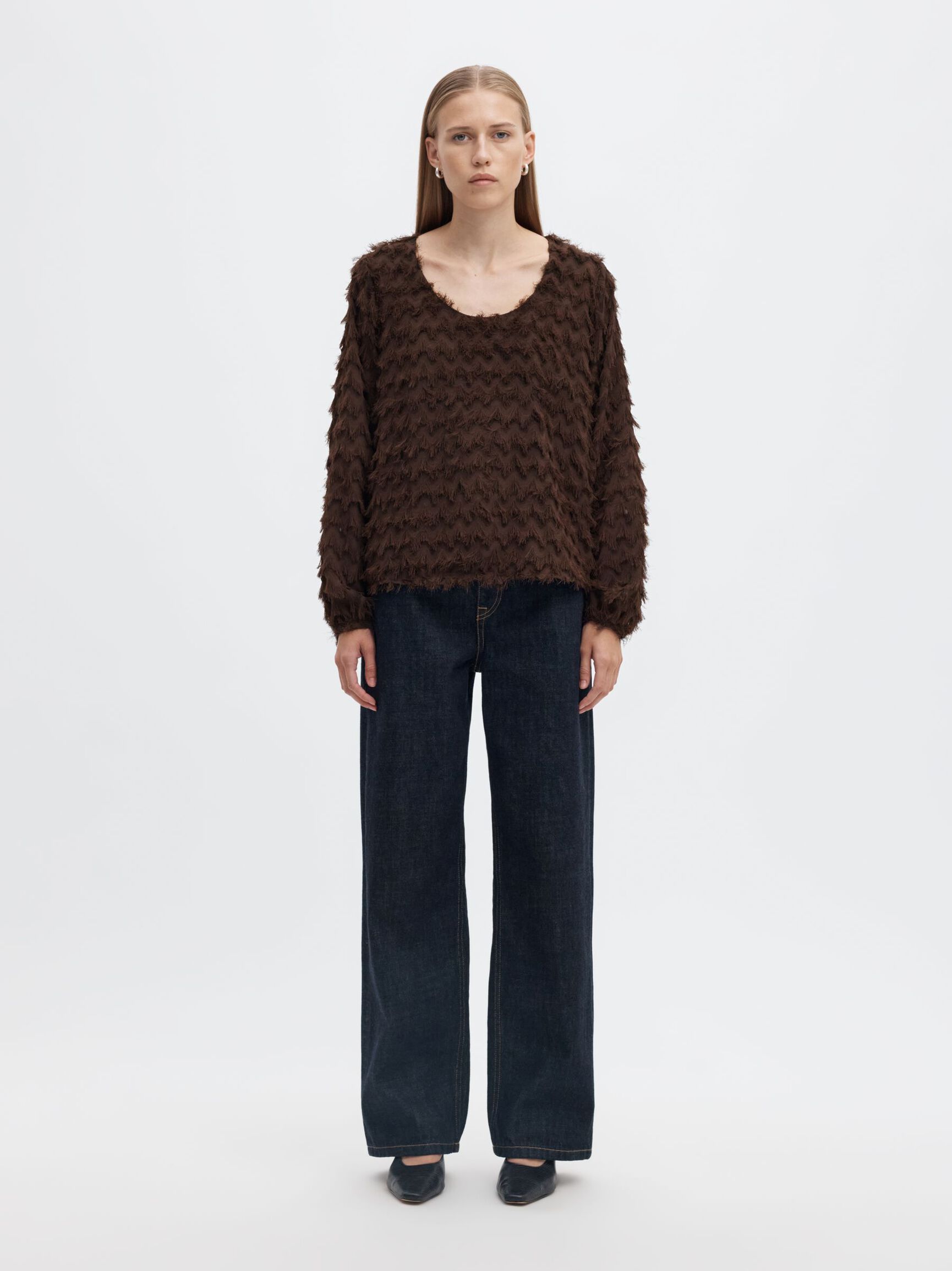 ZIGZAG FRINGE BALLOON SLEEVE TOP, Delicioso, highres