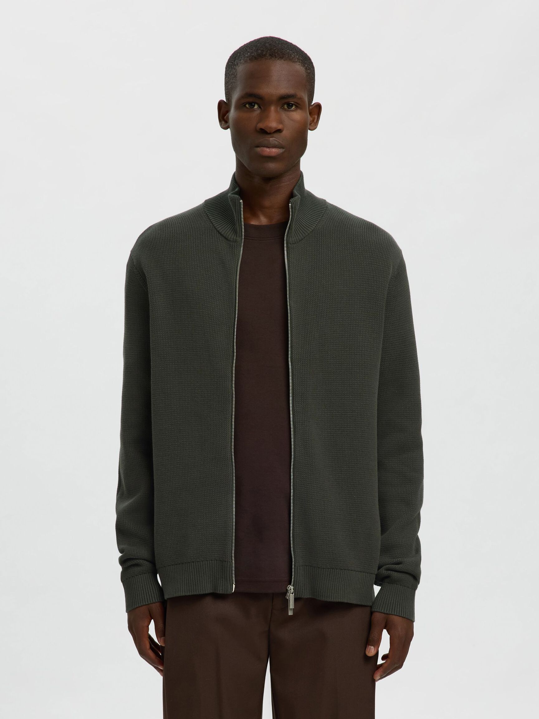 ZIPPED HIGH NECK KNITTED CARDIGAN, Deep Forest, highres
