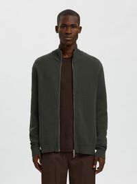 ZIPPED HIGH NECK KNITTED CARDIGAN, Deep Forest, highres