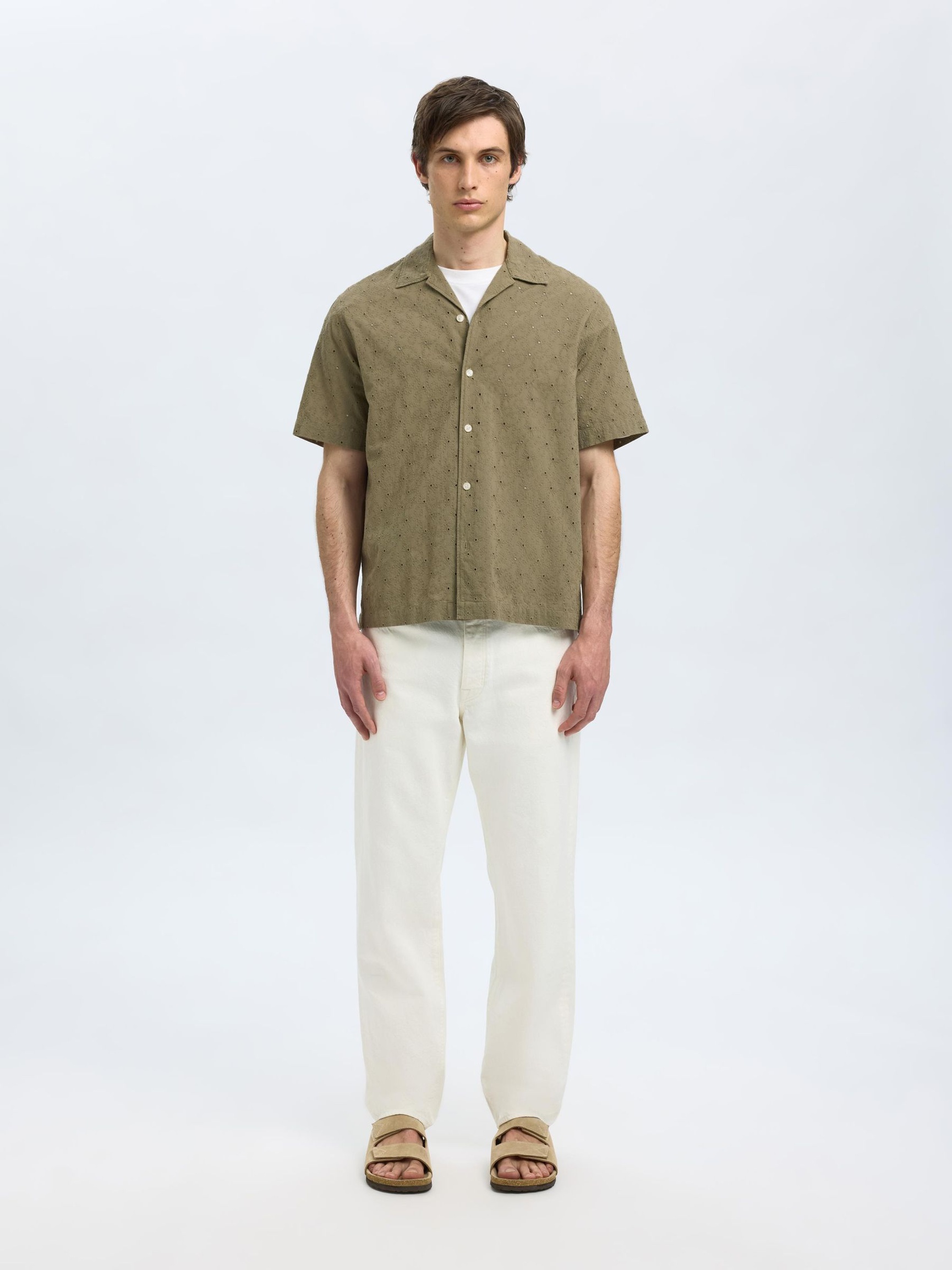 BRODERIE ANGLAISE OVERHEMD MET KORTE MOUWEN, Vetiver, highres