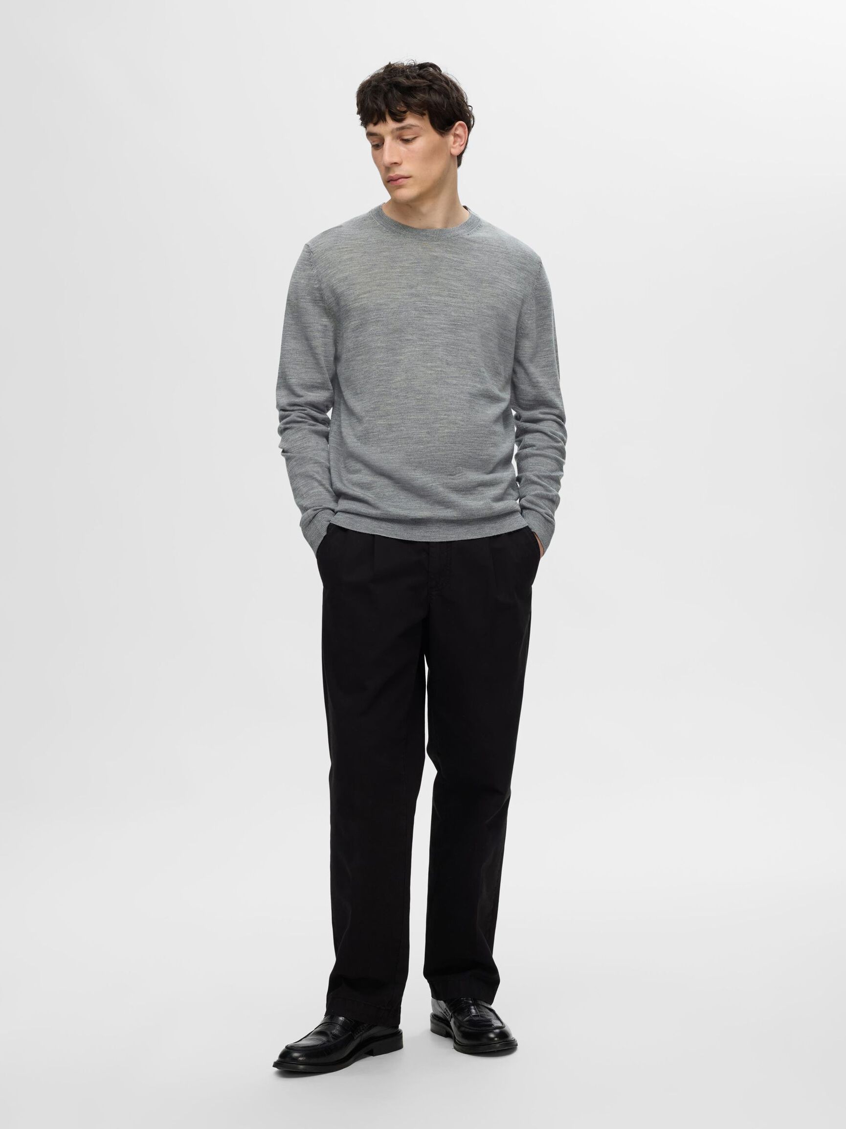100% MERINOWOL PULLOVER MET RONDE HALS, Medium Grey Melange, highres