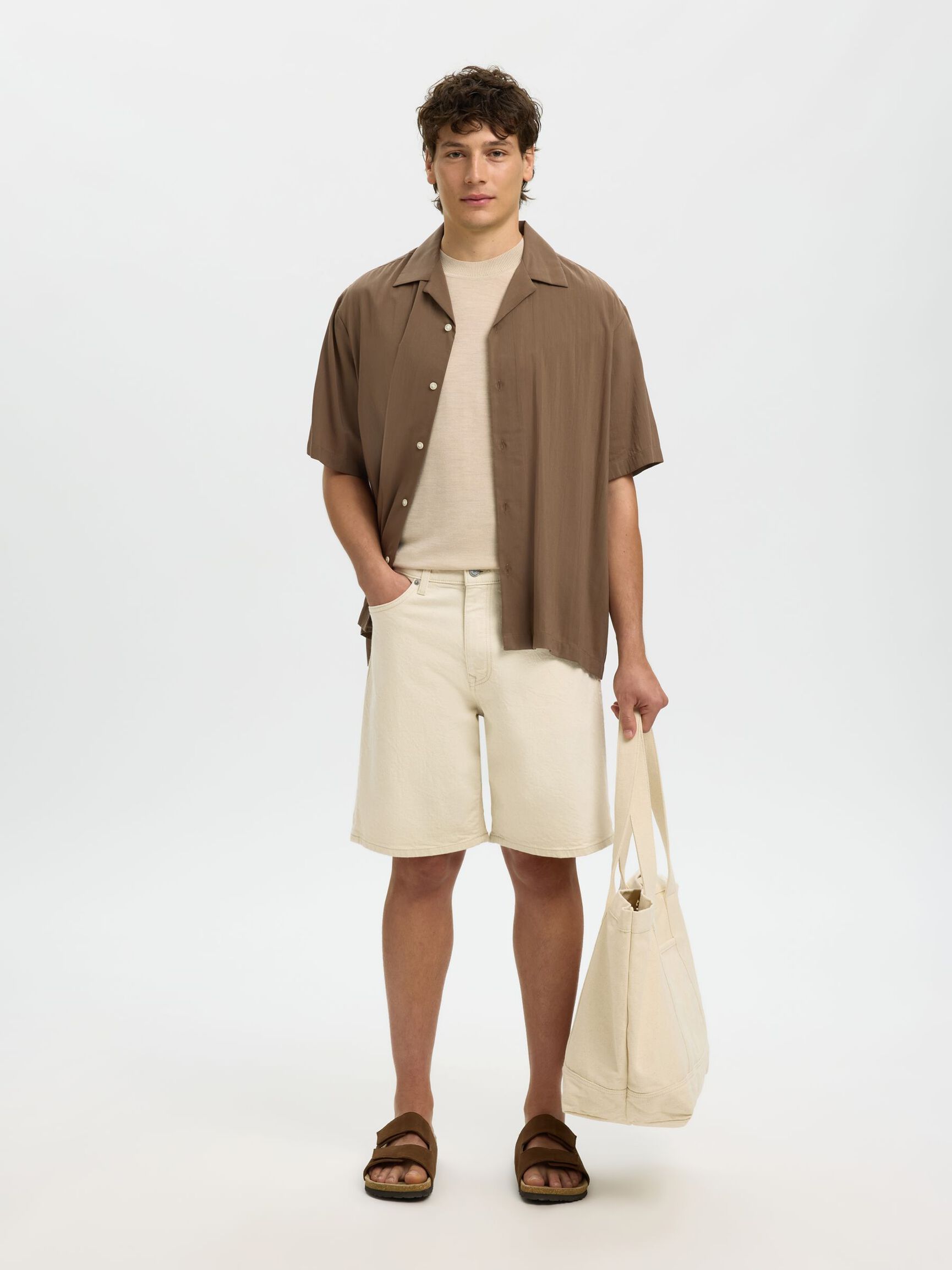 REGULAR FIT DENIM SHORTS, Ecru, highres