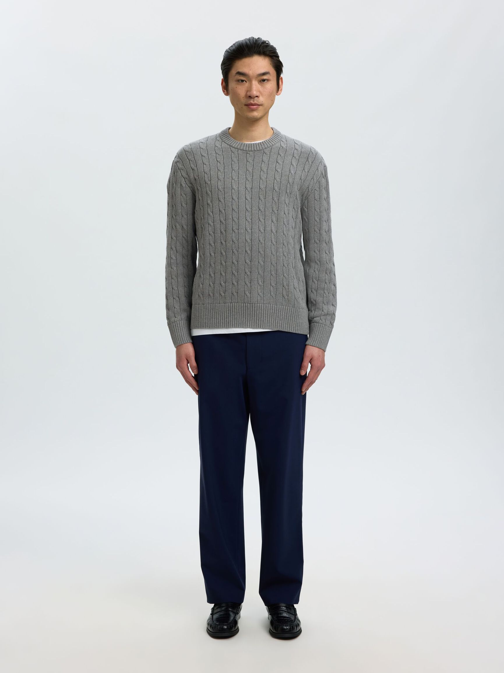 CABLE KNIT PULLOVER, Medium Grey Melange, highres