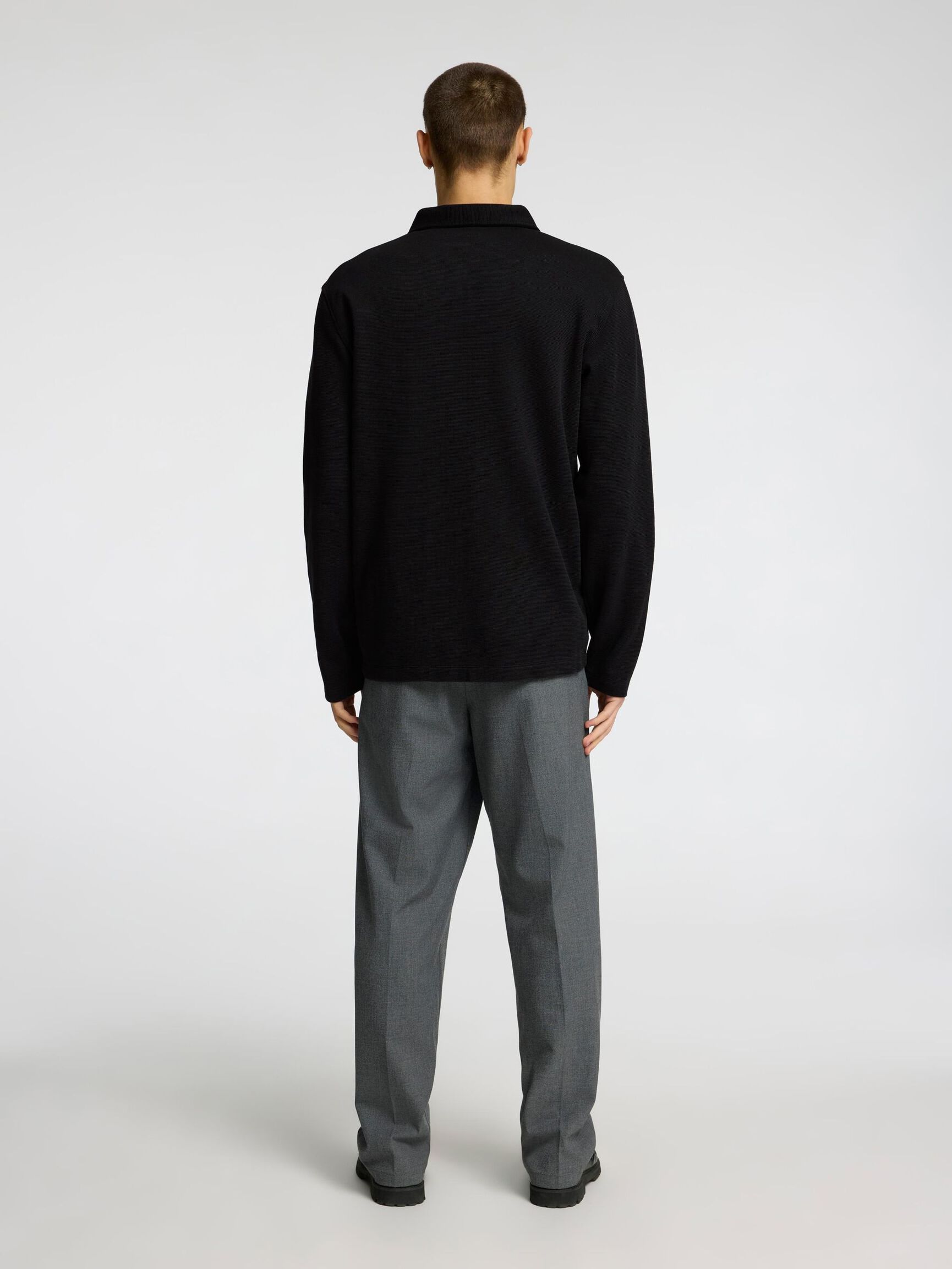 GERIPPTES HALF-ZIP LANGARM-POLOSHIRT, Black, highres