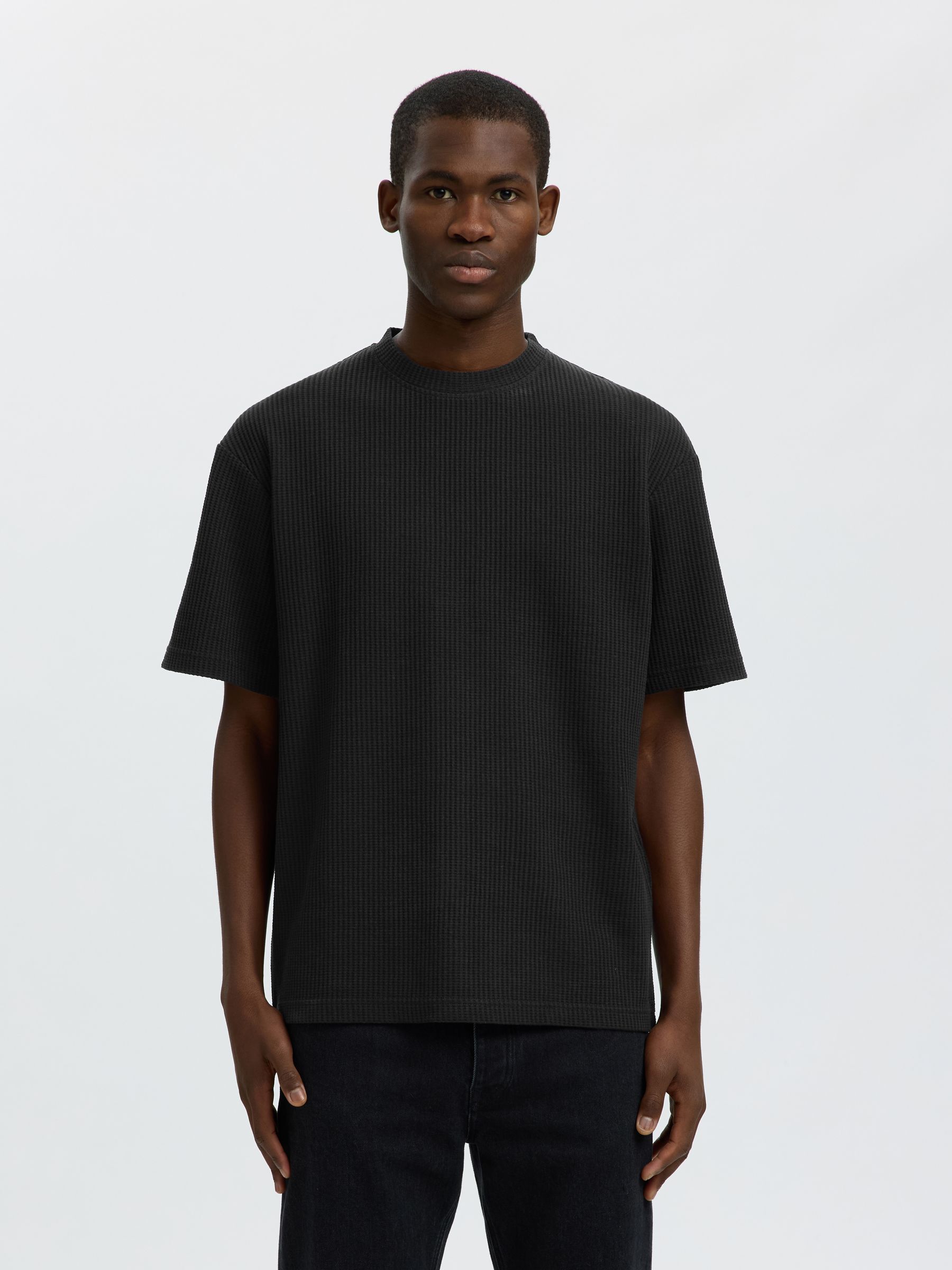 RELAXED FIT WAFFLED  T-SHIRT, Black, highres