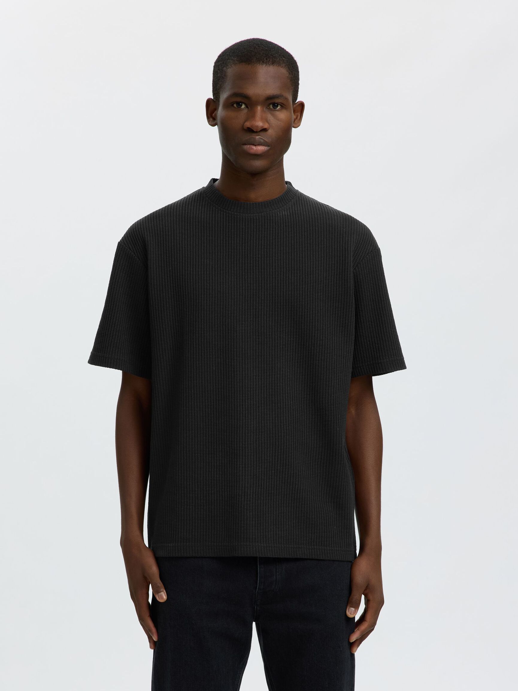 RELAXED FIT WAFFLED  T-SHIRT, Black, highres