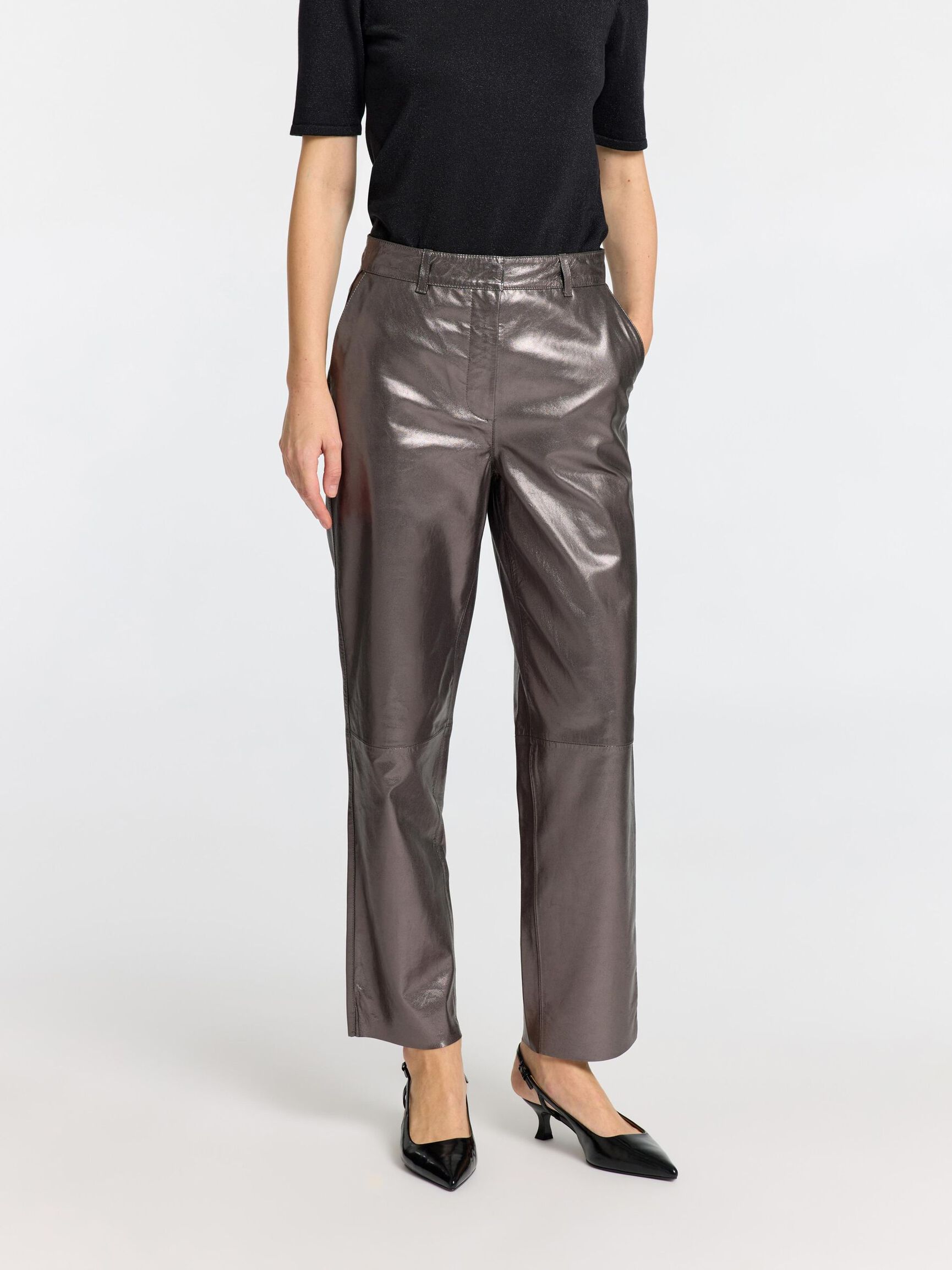 METALLIC LEATHER TROUSERS, Silver, highres