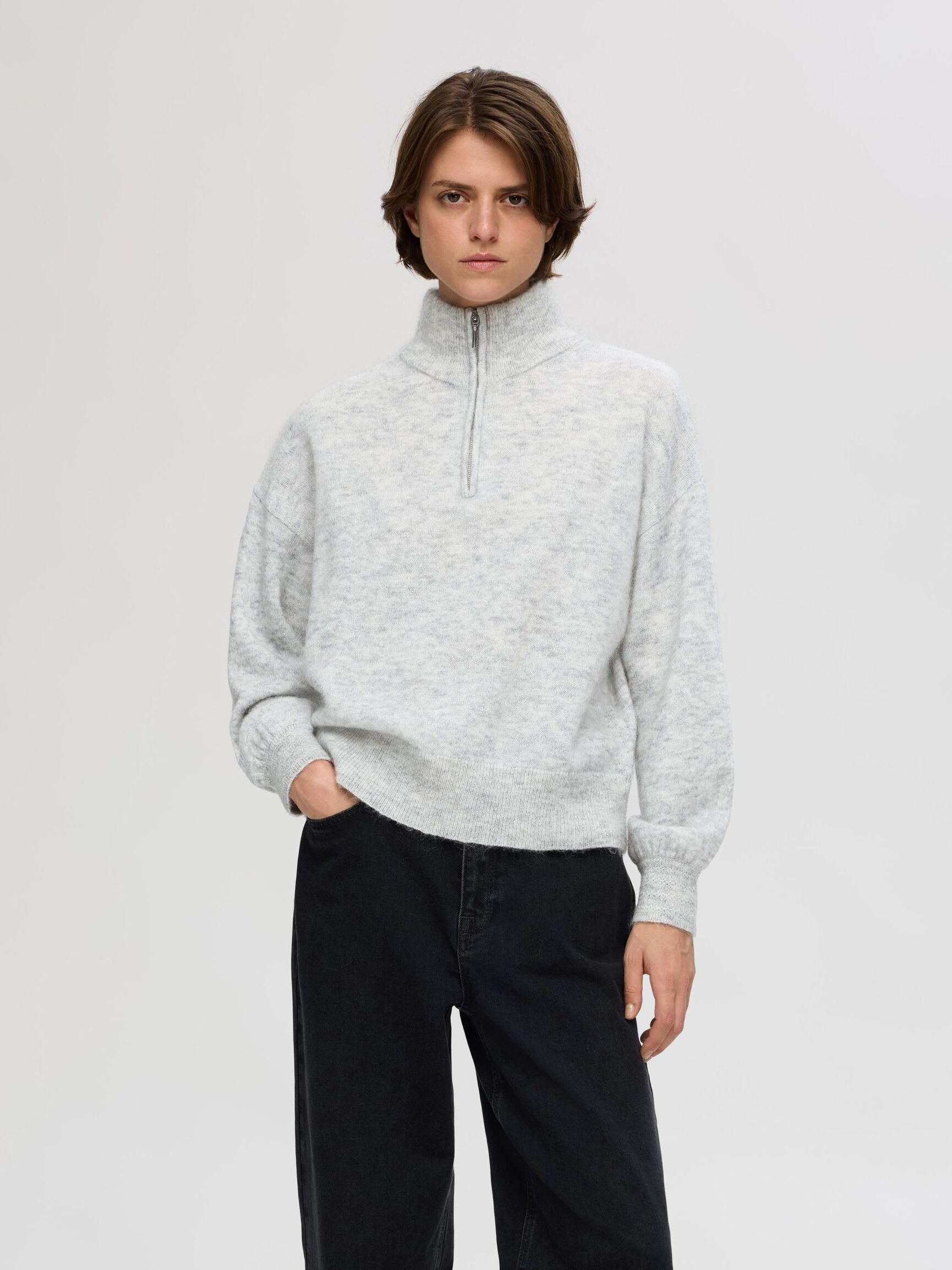 WOOL BLEND  HALF-ZIP JUMPER, Light Grey Melange, highres