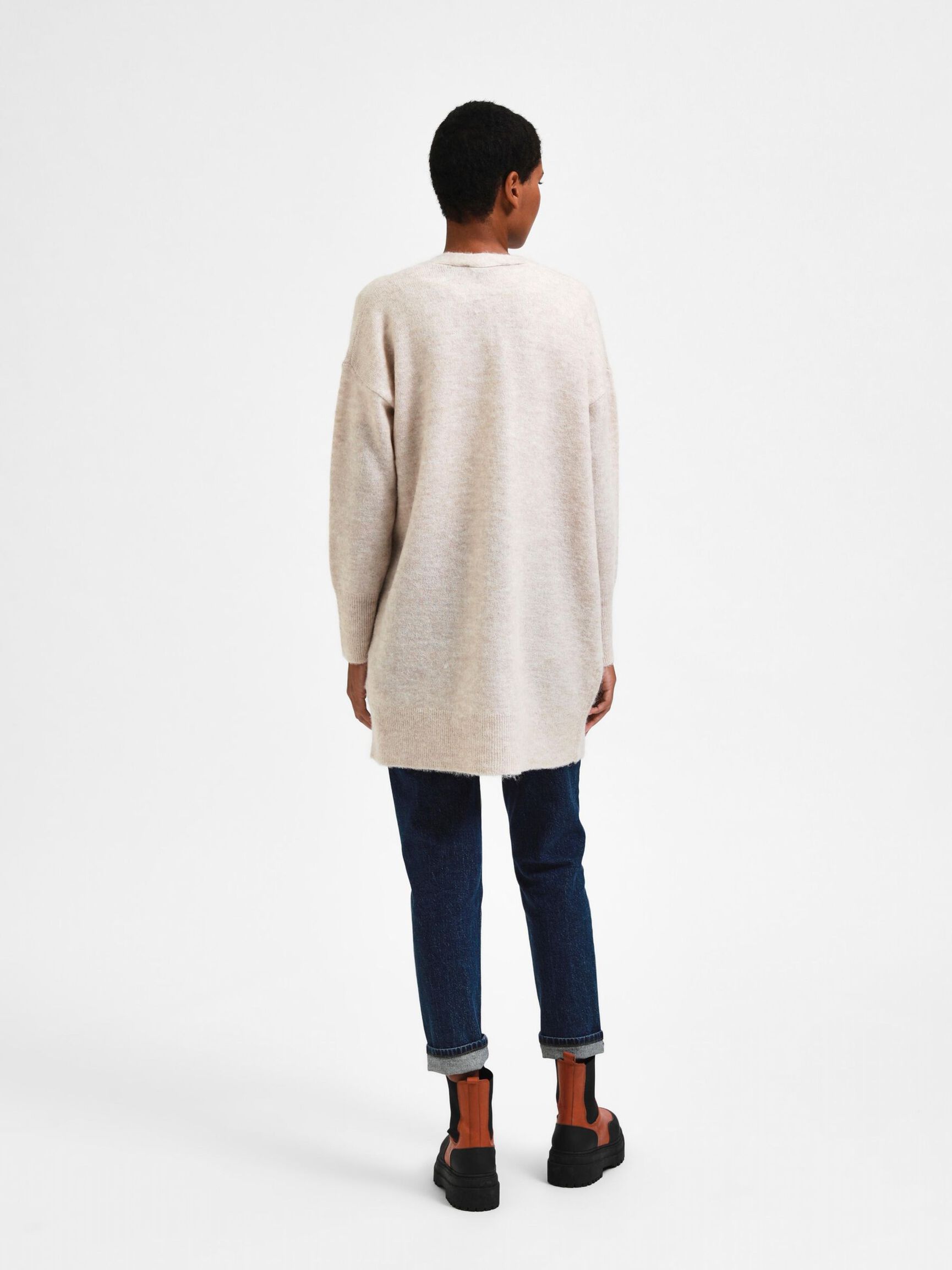 LANG STRIKKET CARDIGAN, Birch, highres