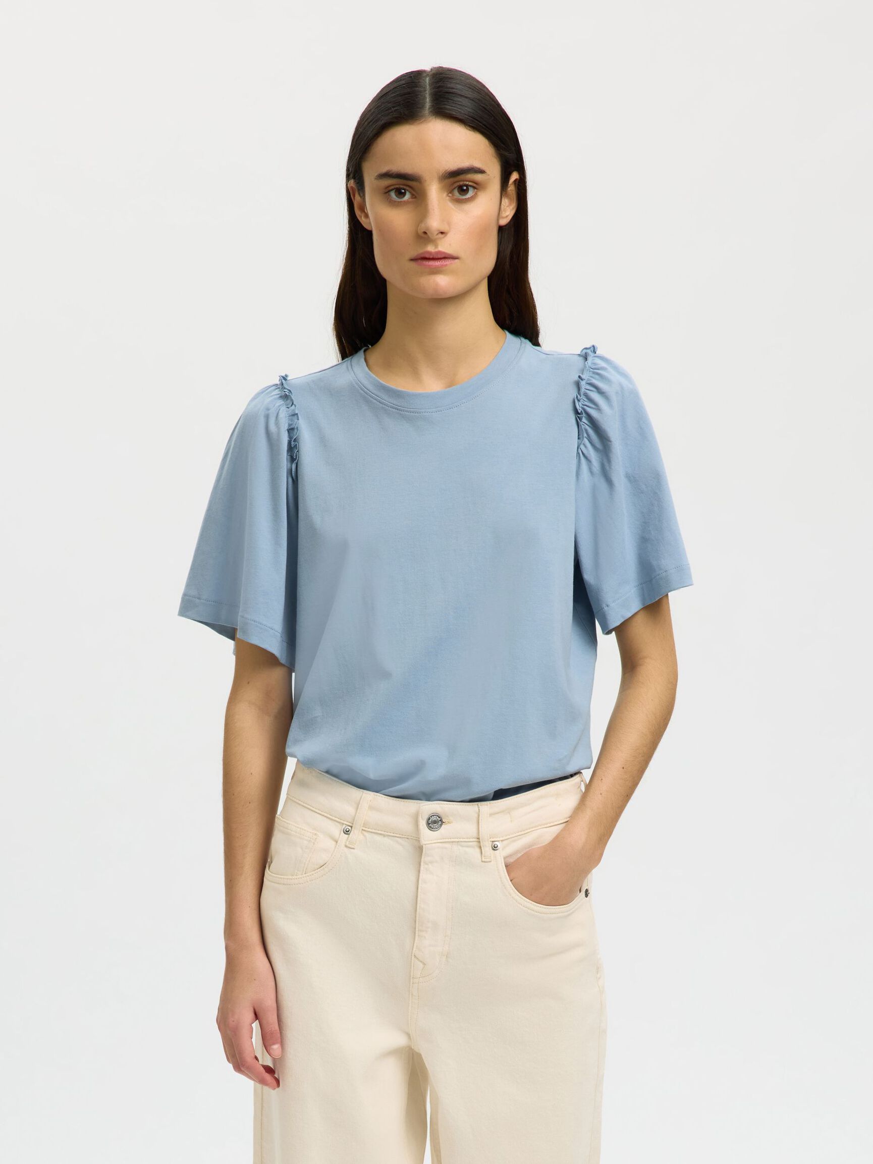 RUFFLED COTTON T-SHIRT, Dusty Blue, highres
