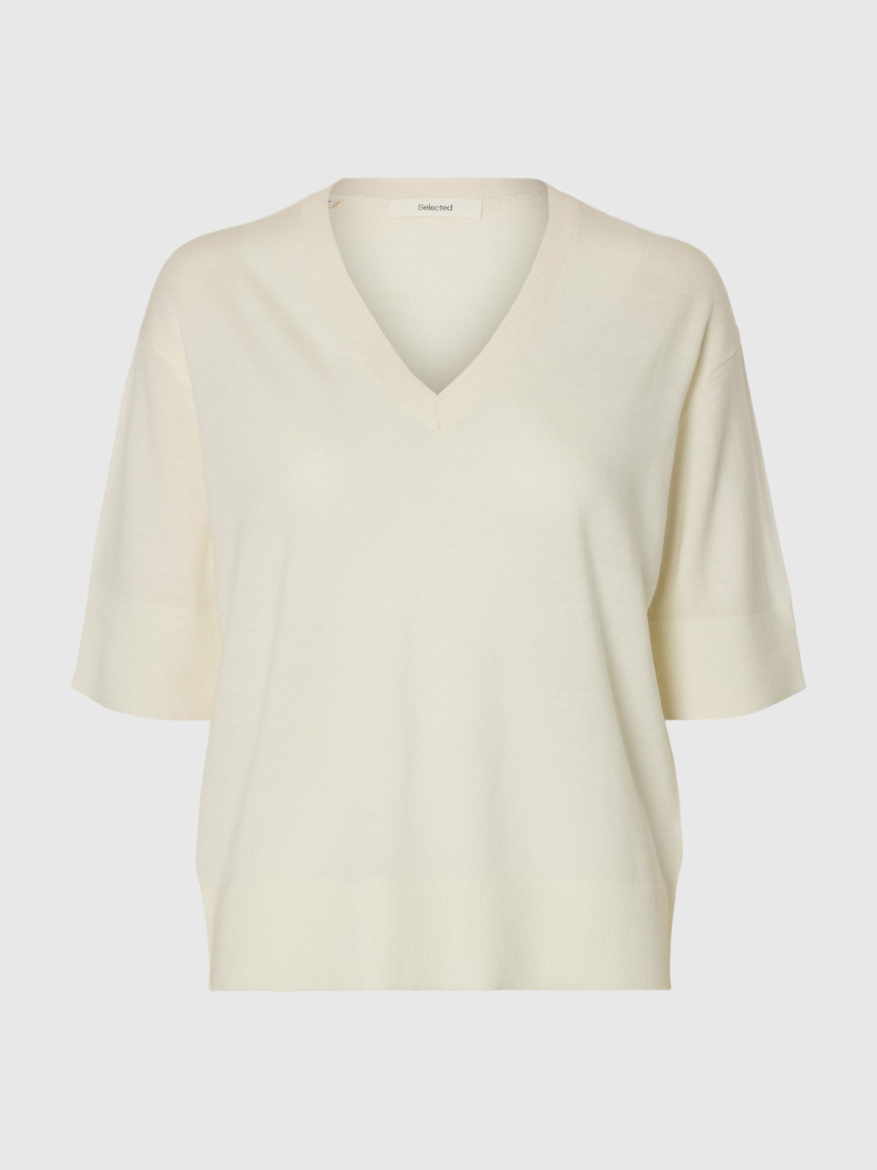 100% MERINOULL STICKAD TOPP, Egret, highres