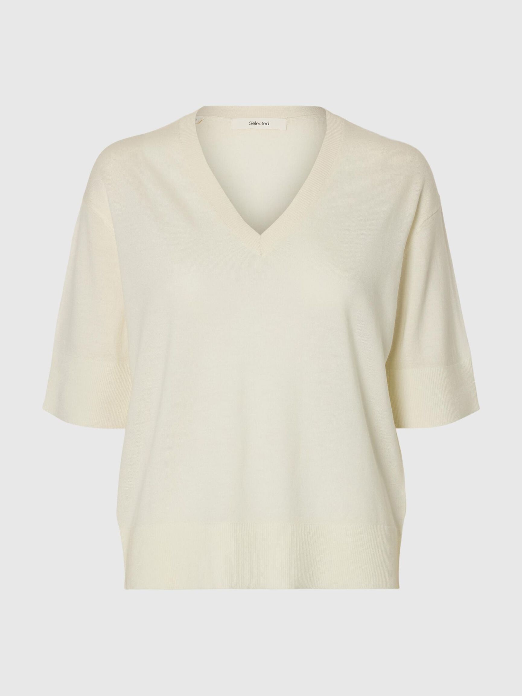 100% MERINOULL STICKAD TOPP, Egret, highres