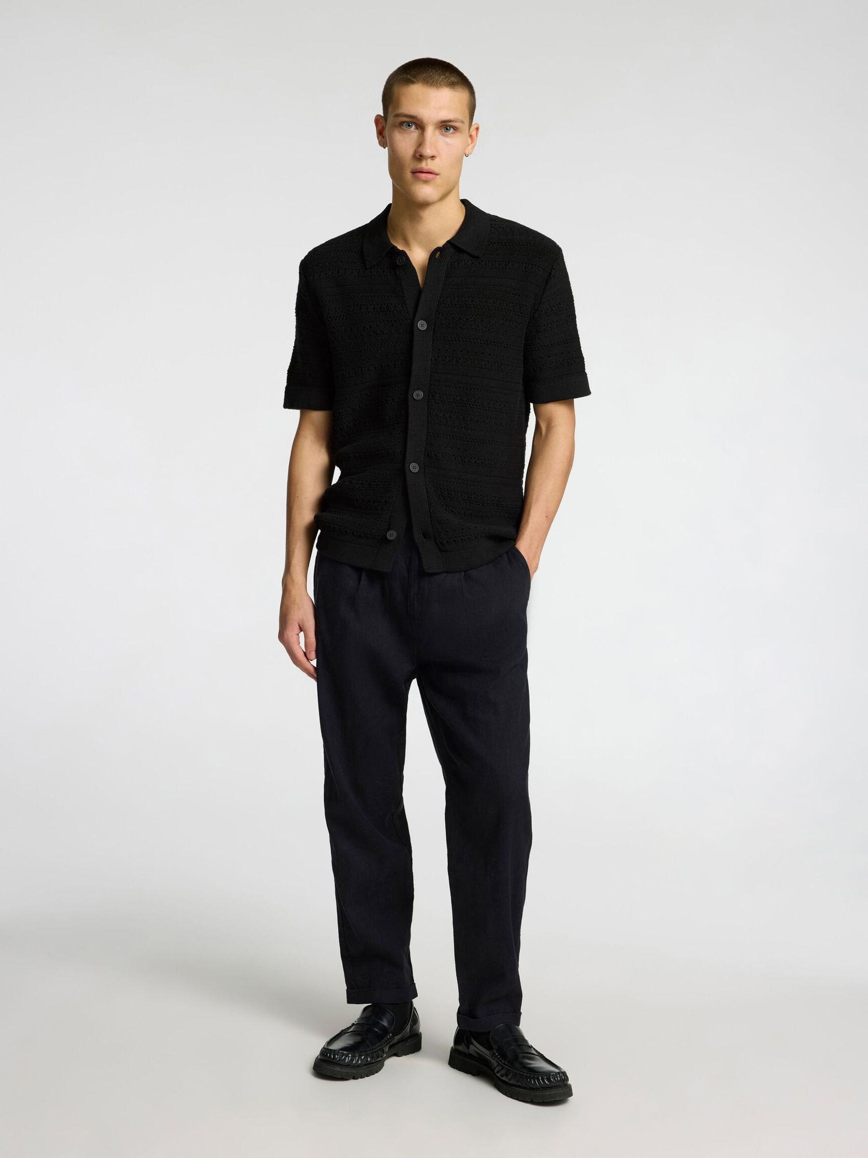 KNITTED SHORT SLEEVED SHIRT, Black, highres