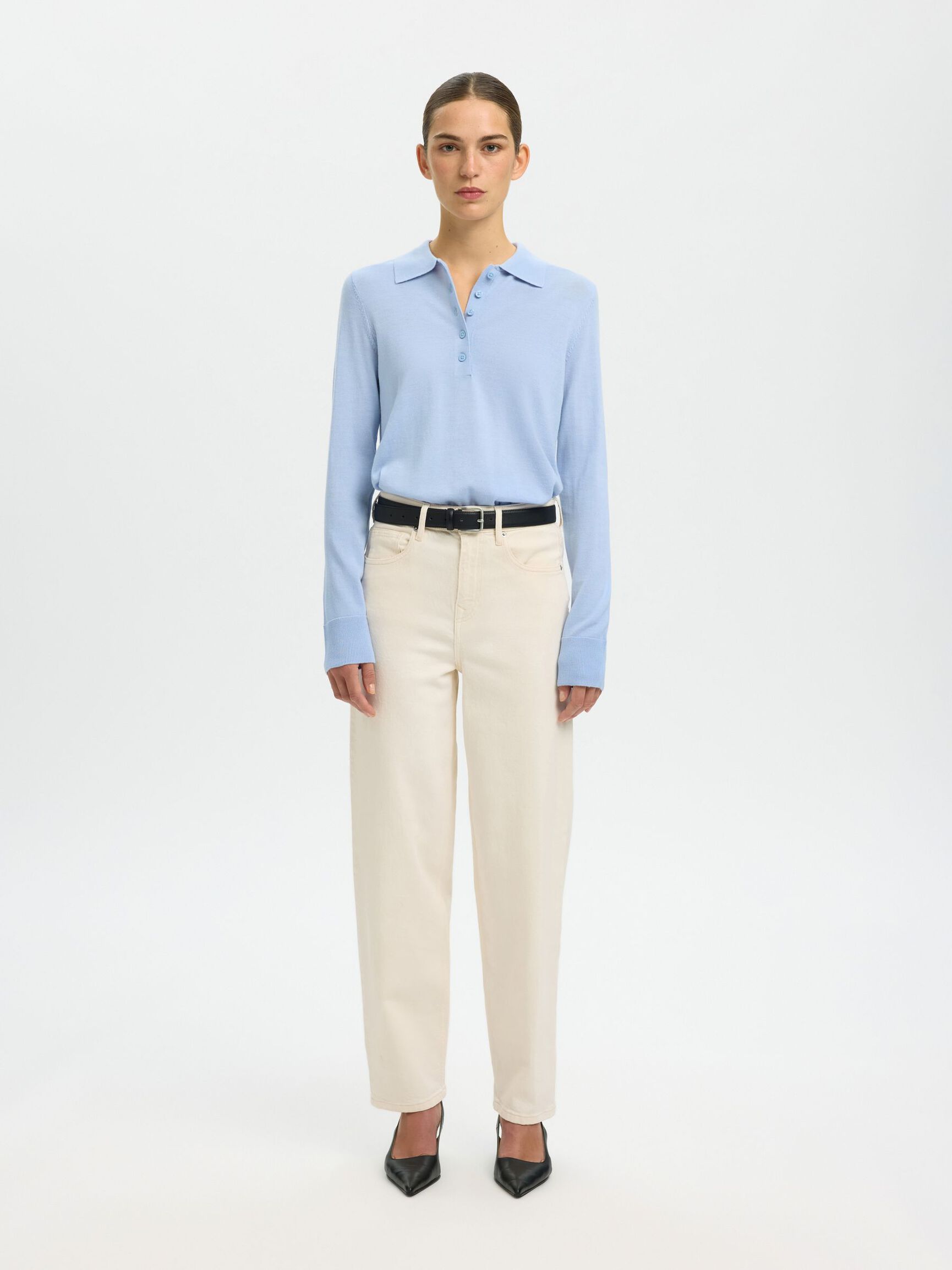 100% MERINOULD STRIKKET POLOSHIRT, Cashmere Blue, highres