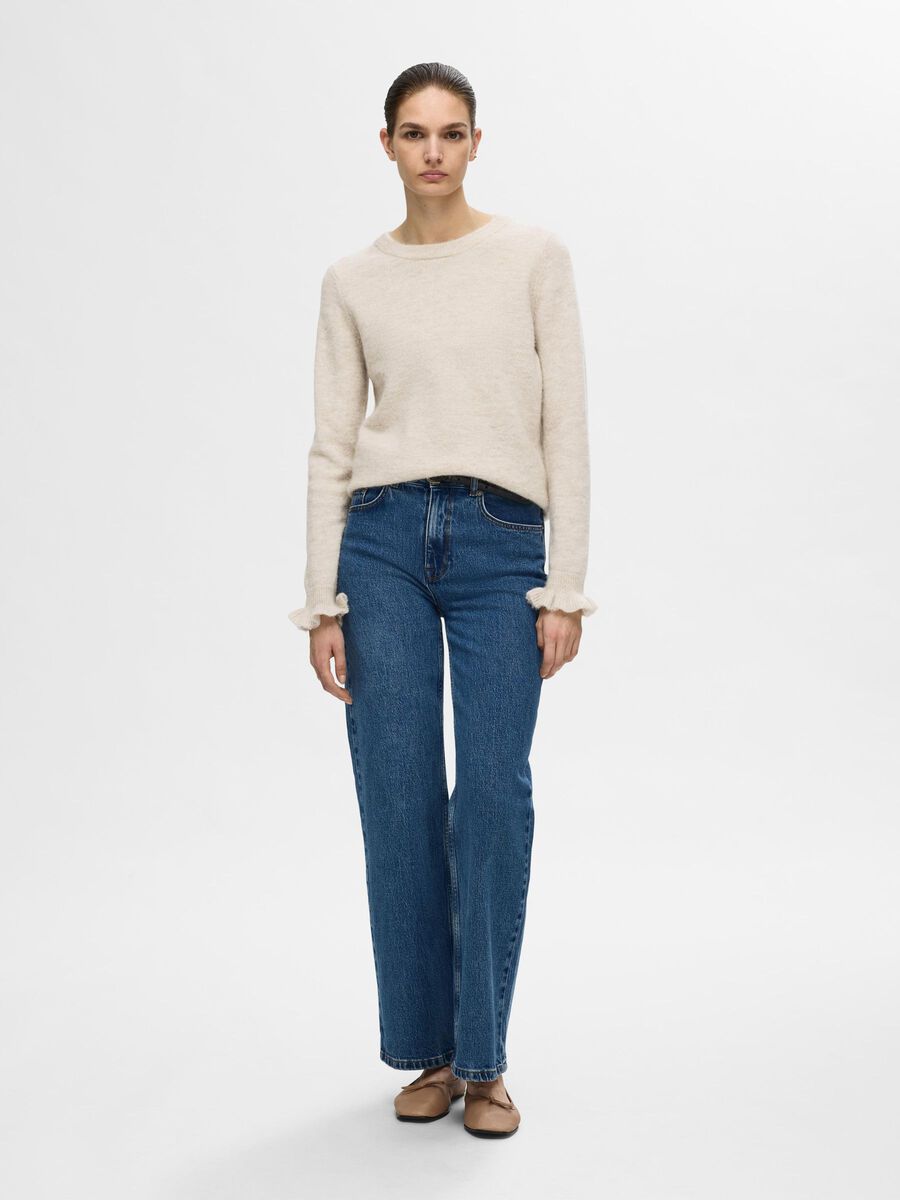 Selected WOOL BLEND RUFFLED SLEEVE PULLOVER, Birch, highres - 16094269_Birch_1113605_005.jpg