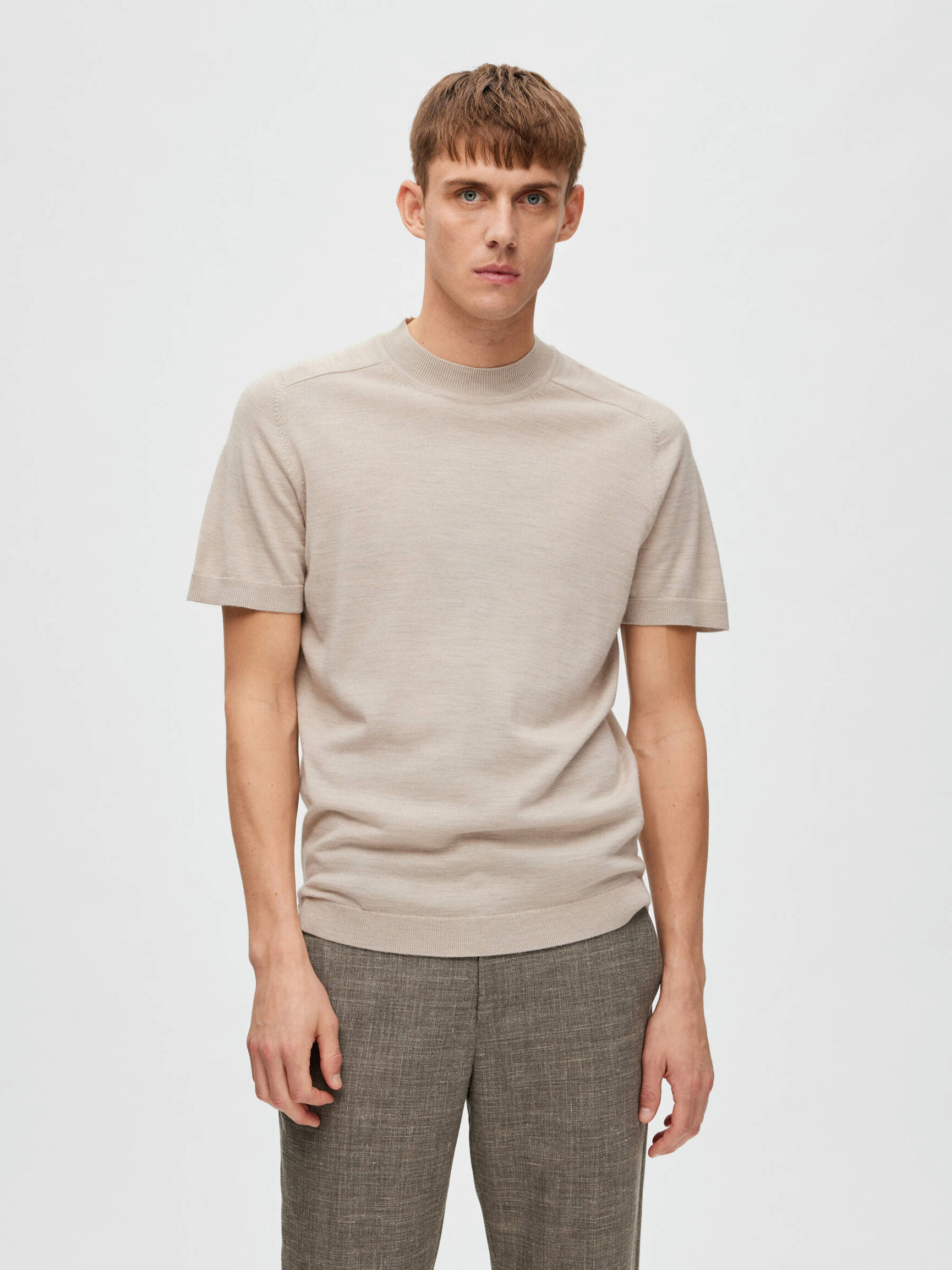 KNITTED SHORT SLEEVED TOP, Fog, highres