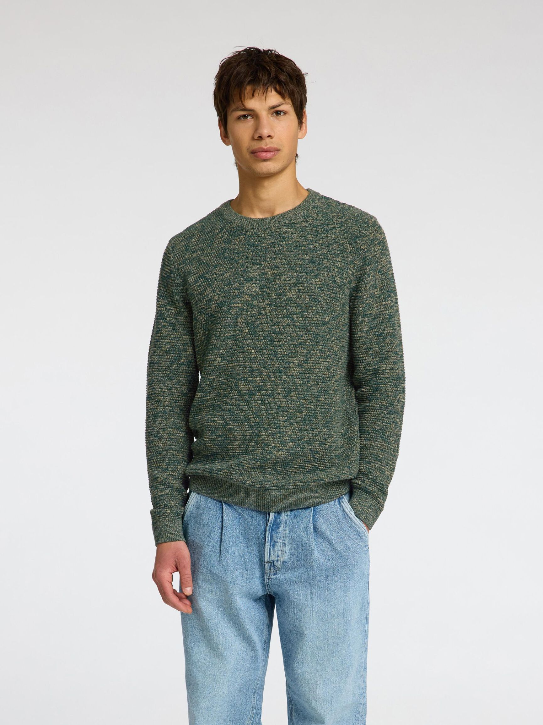 CREW NECK KNITTED PULLOVER, Rain Forest, highres