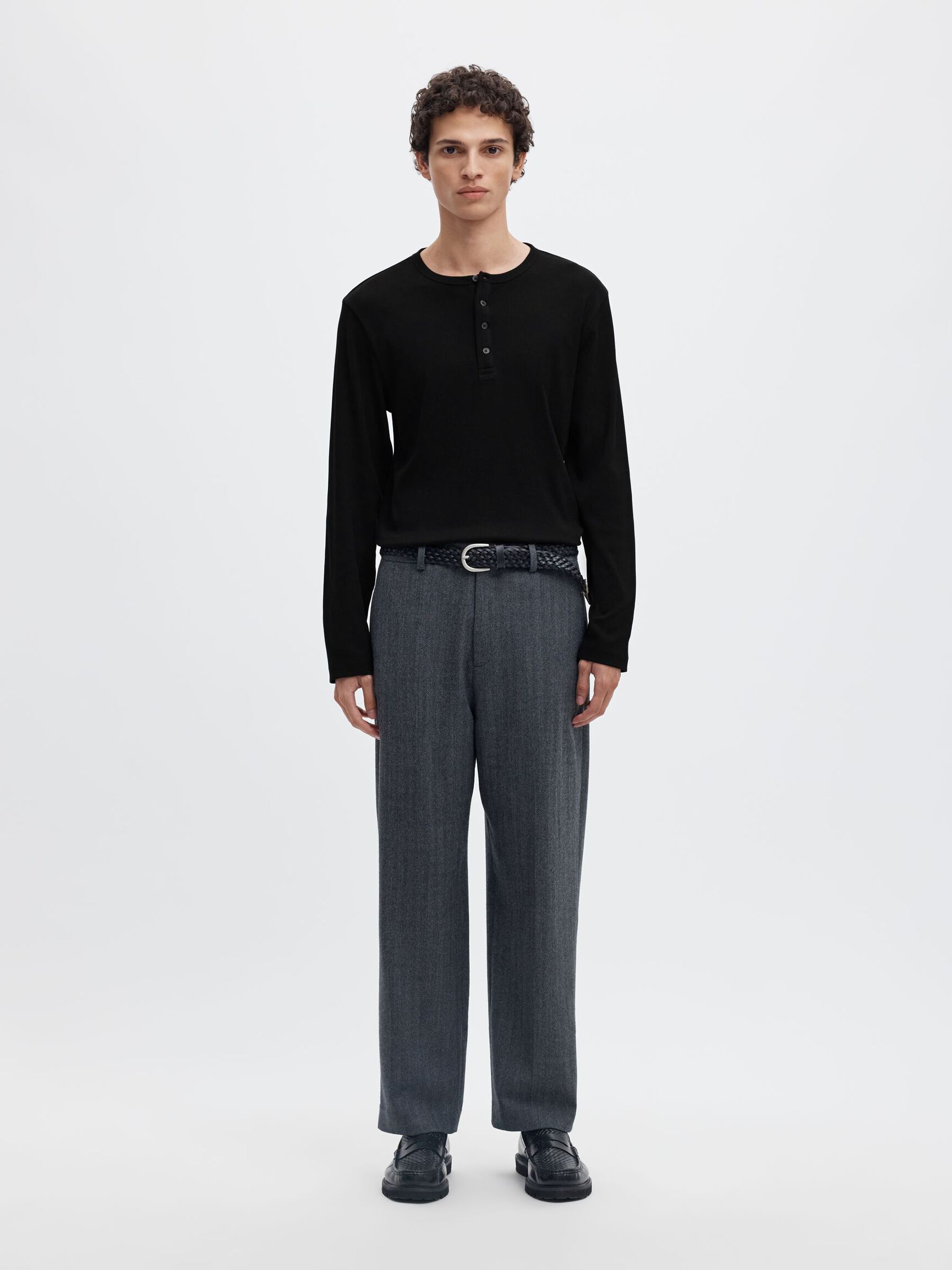 RIBBED BUTTON LONG-SLEEVED T-SHIRT, Black, highres