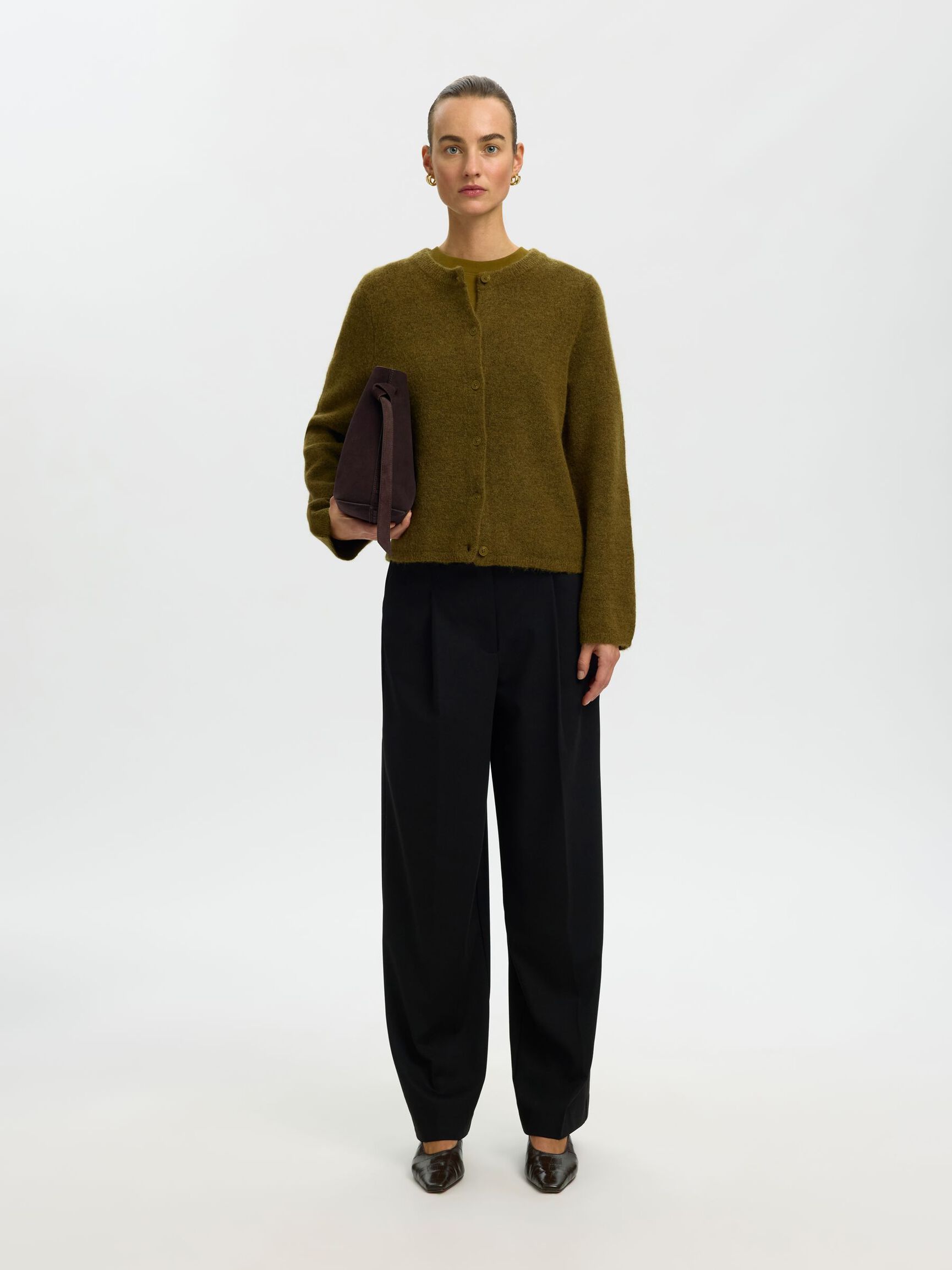 WOOL BLEND CARDIGAN, Fir Green, highres