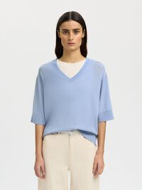 100% MERINOULL STICKAD TOPP, Cashmere Blue, highres
