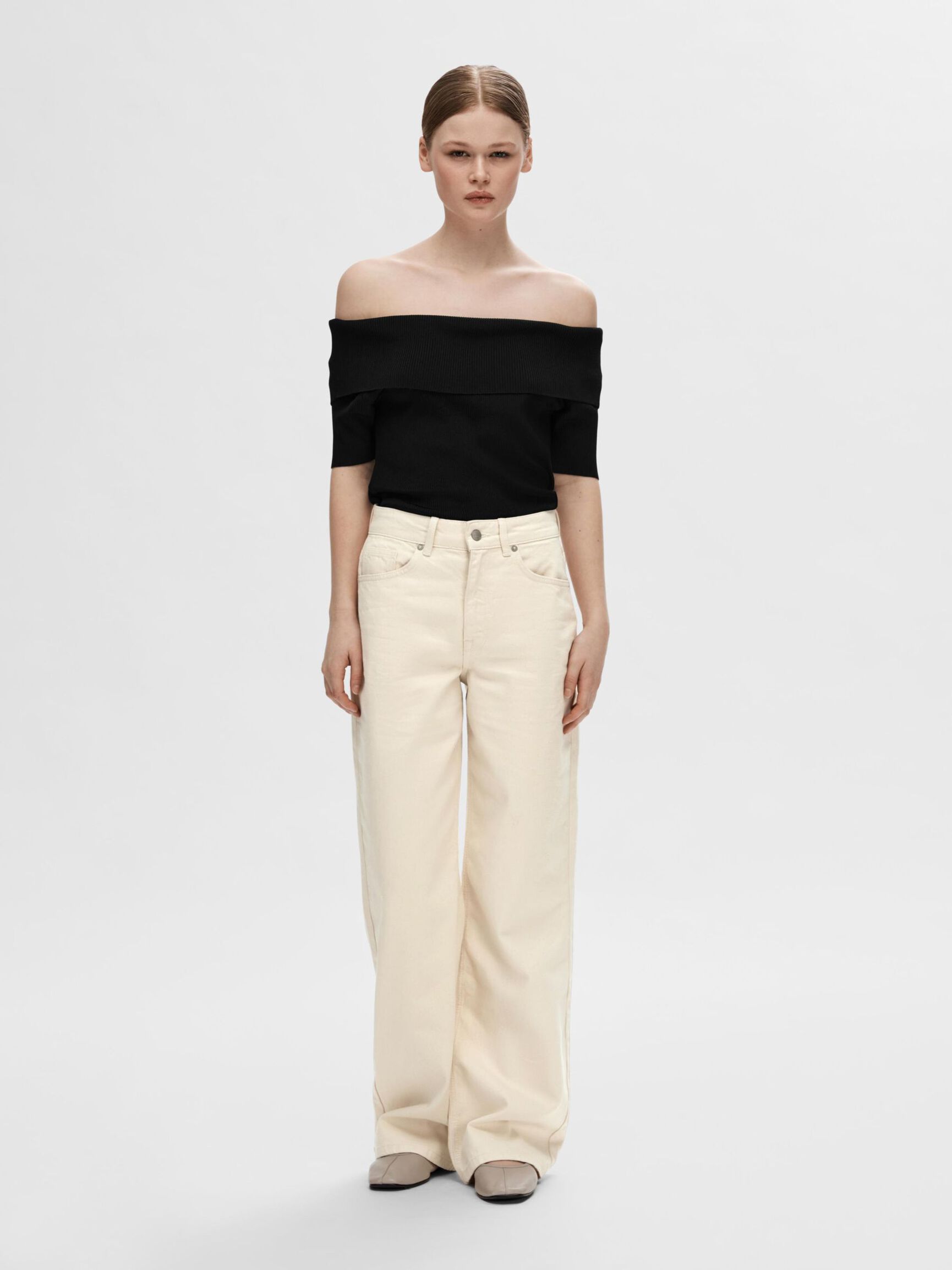 OFF-SHOULDER STRIKKET TOP, Black, highres