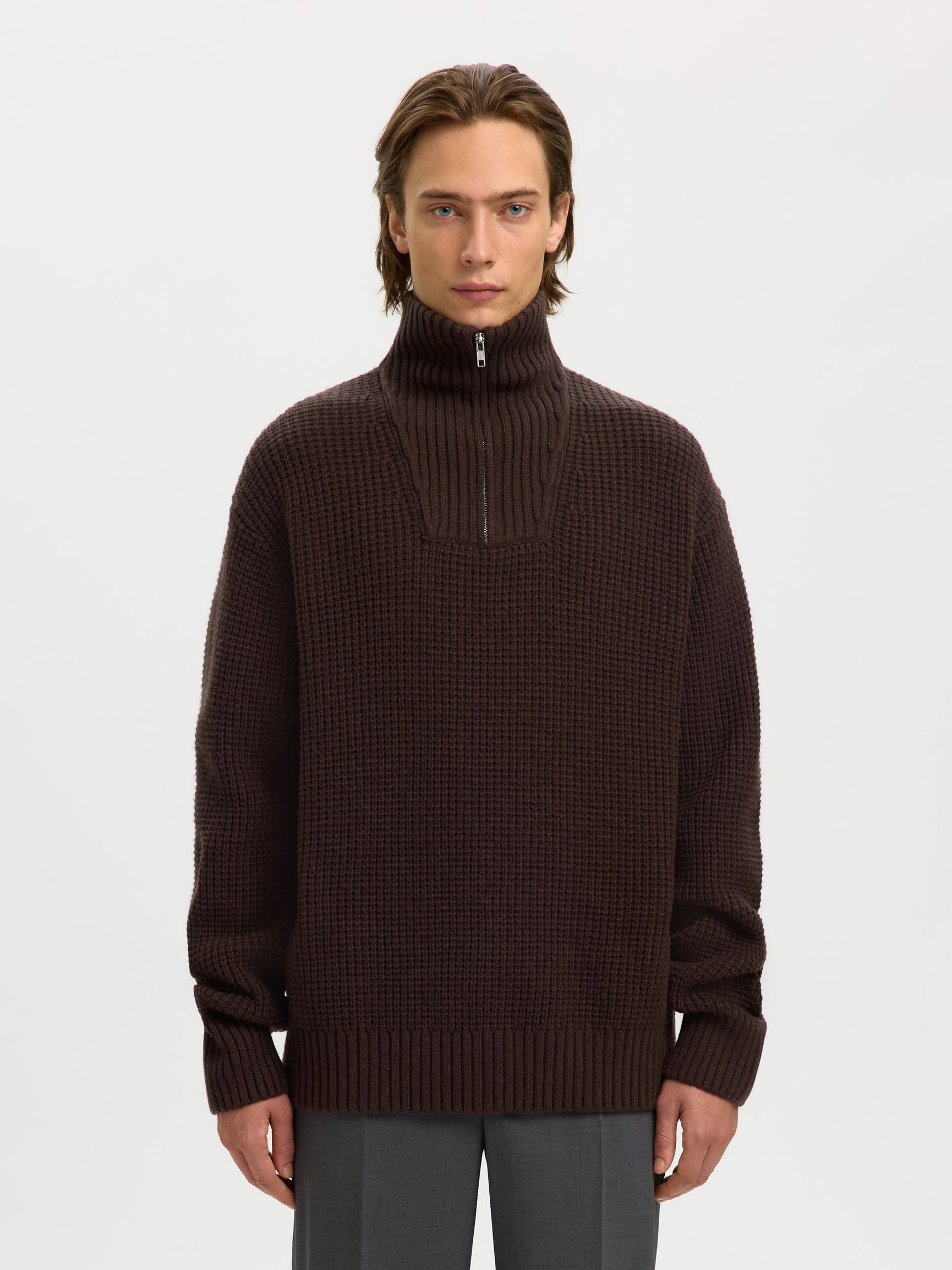 COTTON BLEND HALF-ZIP JUMPER, Chocolate Torte, highres