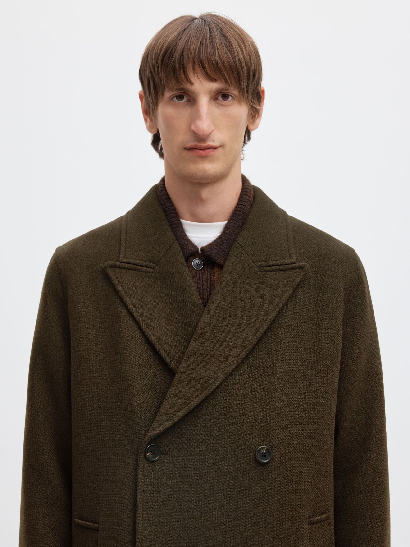 DOUBLE BREASTED WOOL BLEND LONG COAT, Peat, highres
