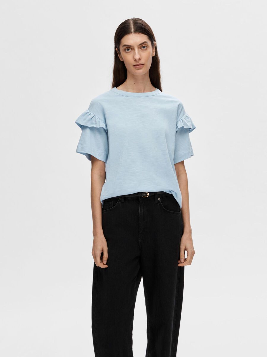 Selected KATOEN RUCHES T-SHIRT, Cashmere Blue, highres - 16079837_CashmereBlue_003.jpg