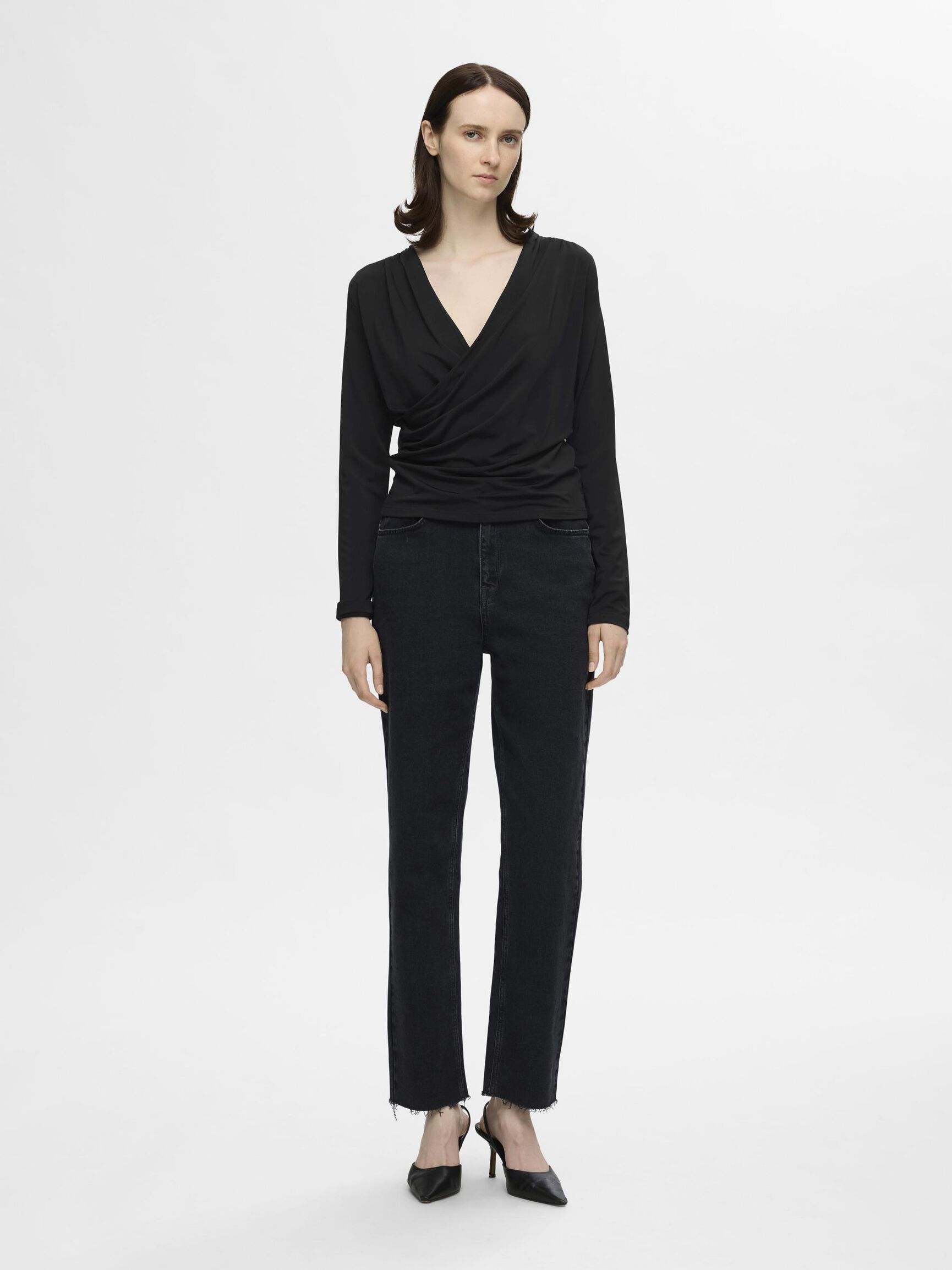 VISCOSE BLEND WRAP TOP, Black, highres