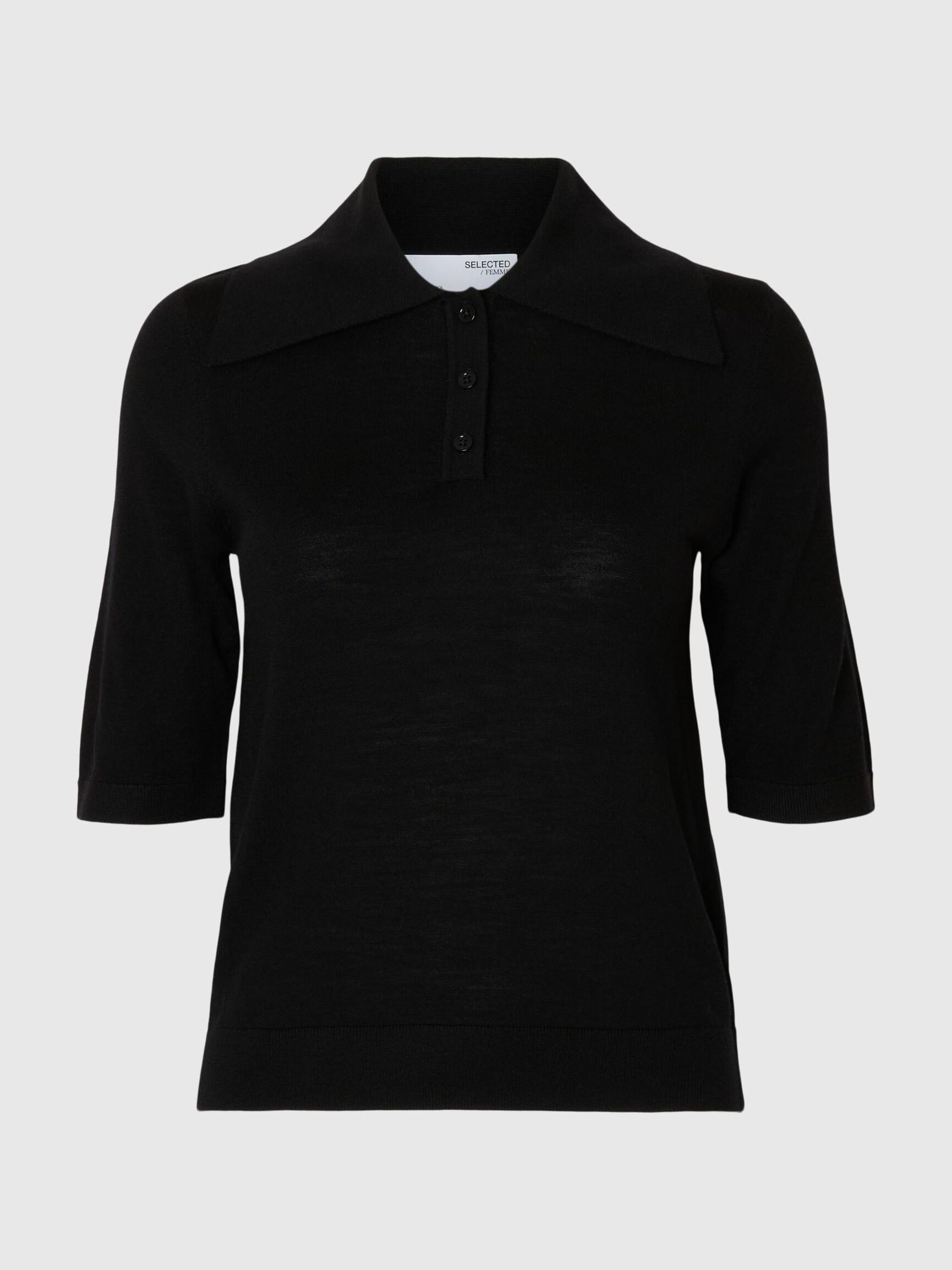 100% MERINOULD STRIKKET POLOSHIRT, Black, highres