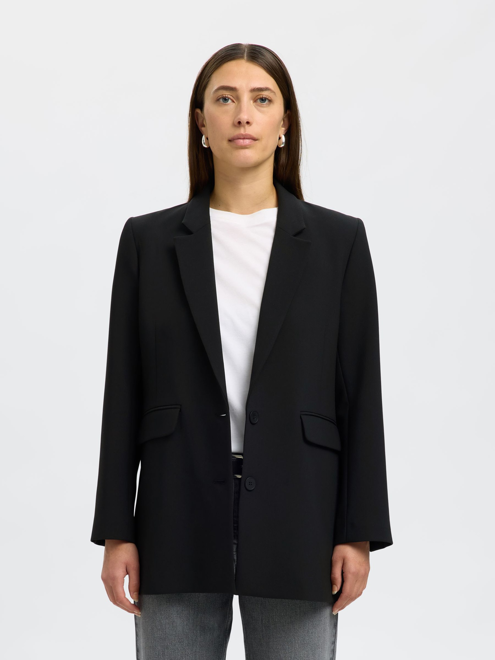 LÅNG RELAXED FIT ENKELKNÄPPT KAVAJ, Black, highres
